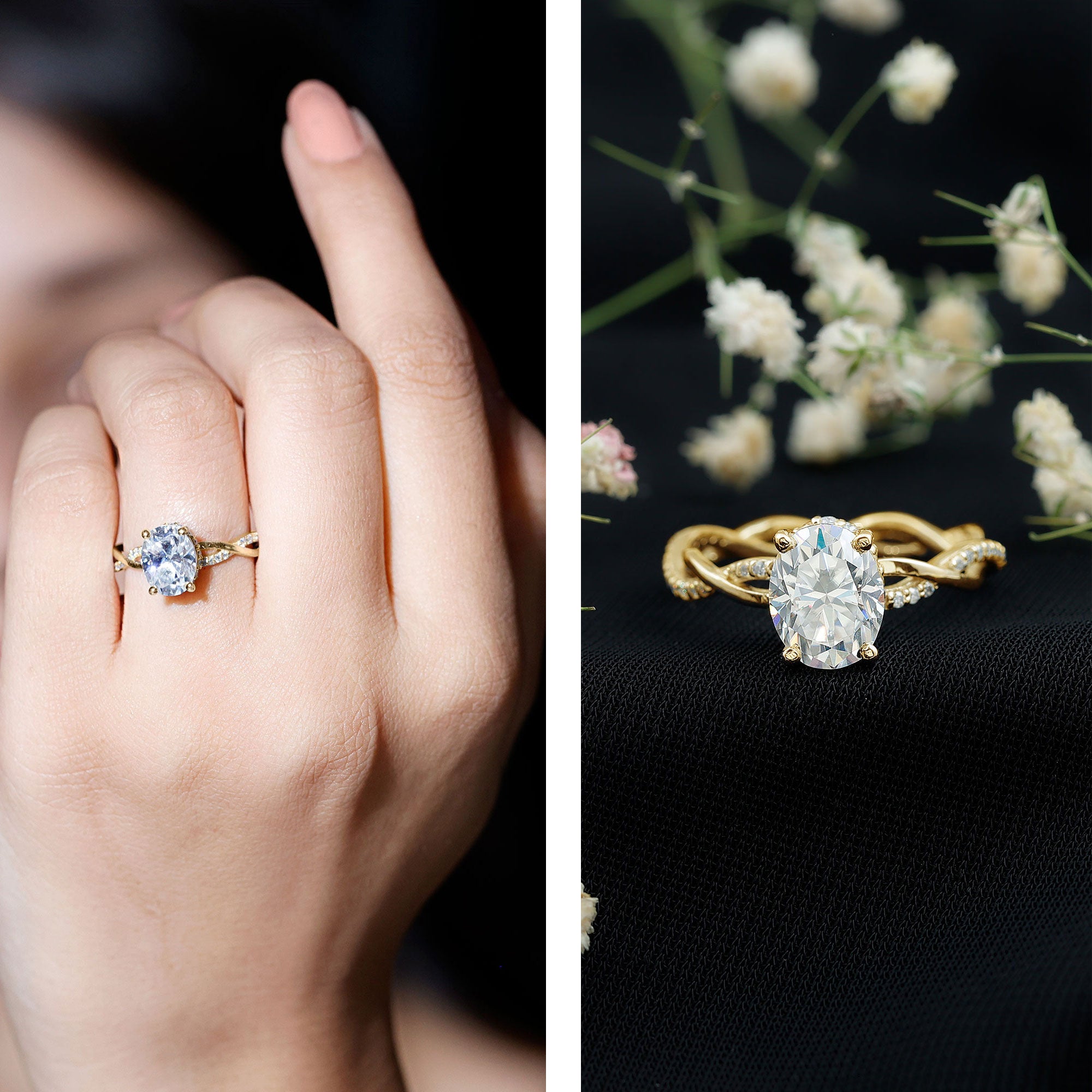 Certified 2 Carat Moissanite Hidden Halo Engagement Ring in Silver D-VS1 14K Yellow Gold Plated Silver - Rosec Jewels