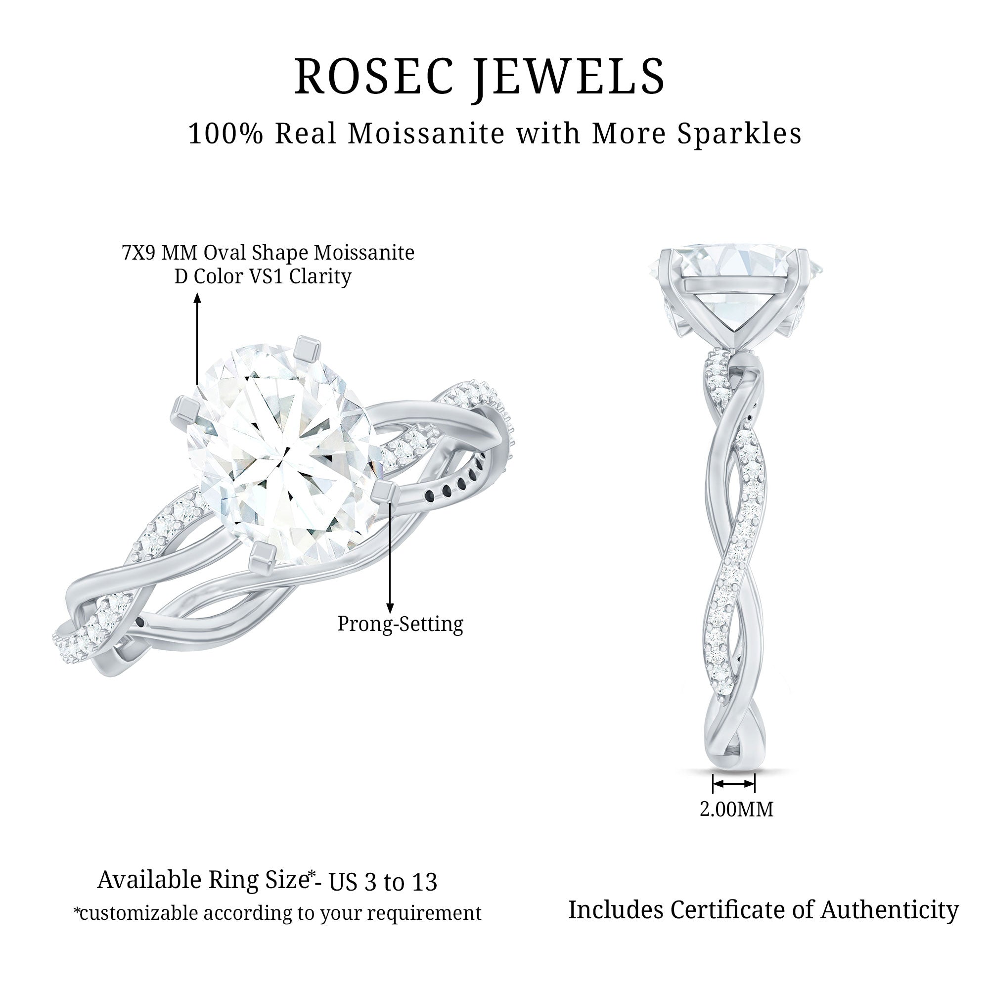 Rosec Jewels-Oval Shape Moissanite Solitaire Engagement Ring in Braided Shank