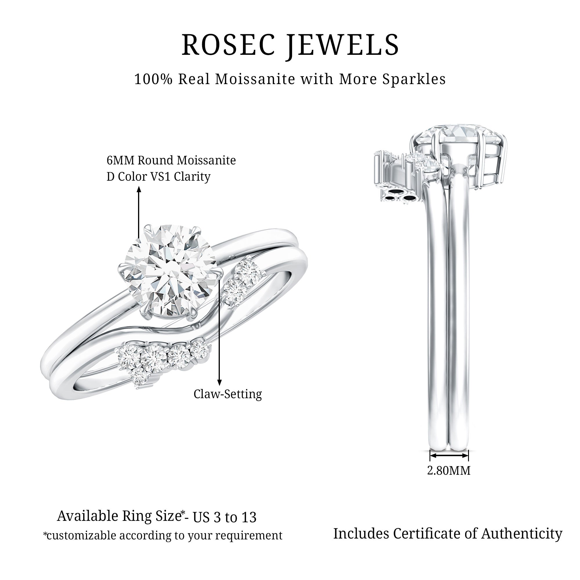 Rosec Jewels-Solitaire Moissanite Wedding Ring Set for Her