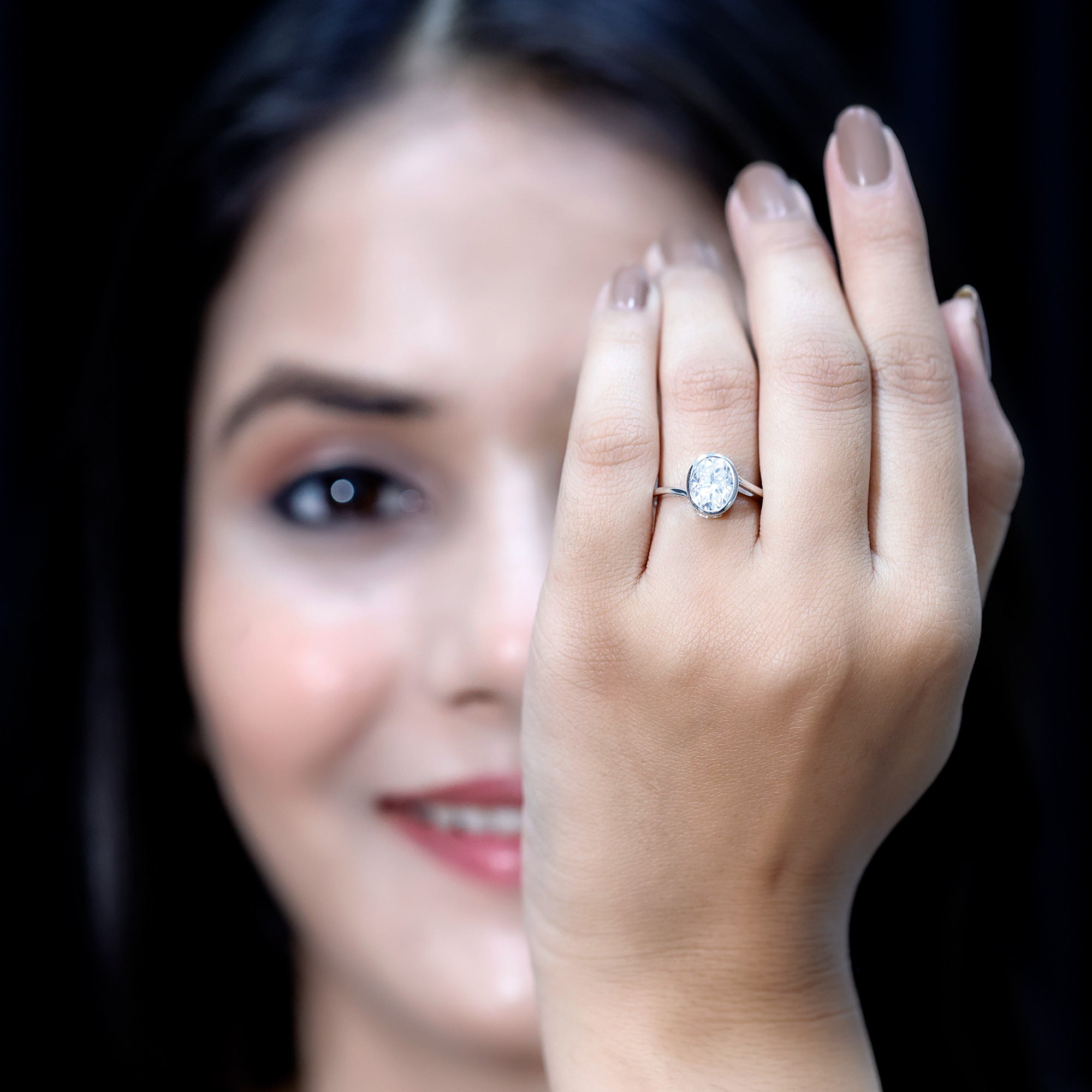 Rosec Jewels-Solitaire 7X9 MM Moissanite Oval Engagement Ring with Bypass Shank