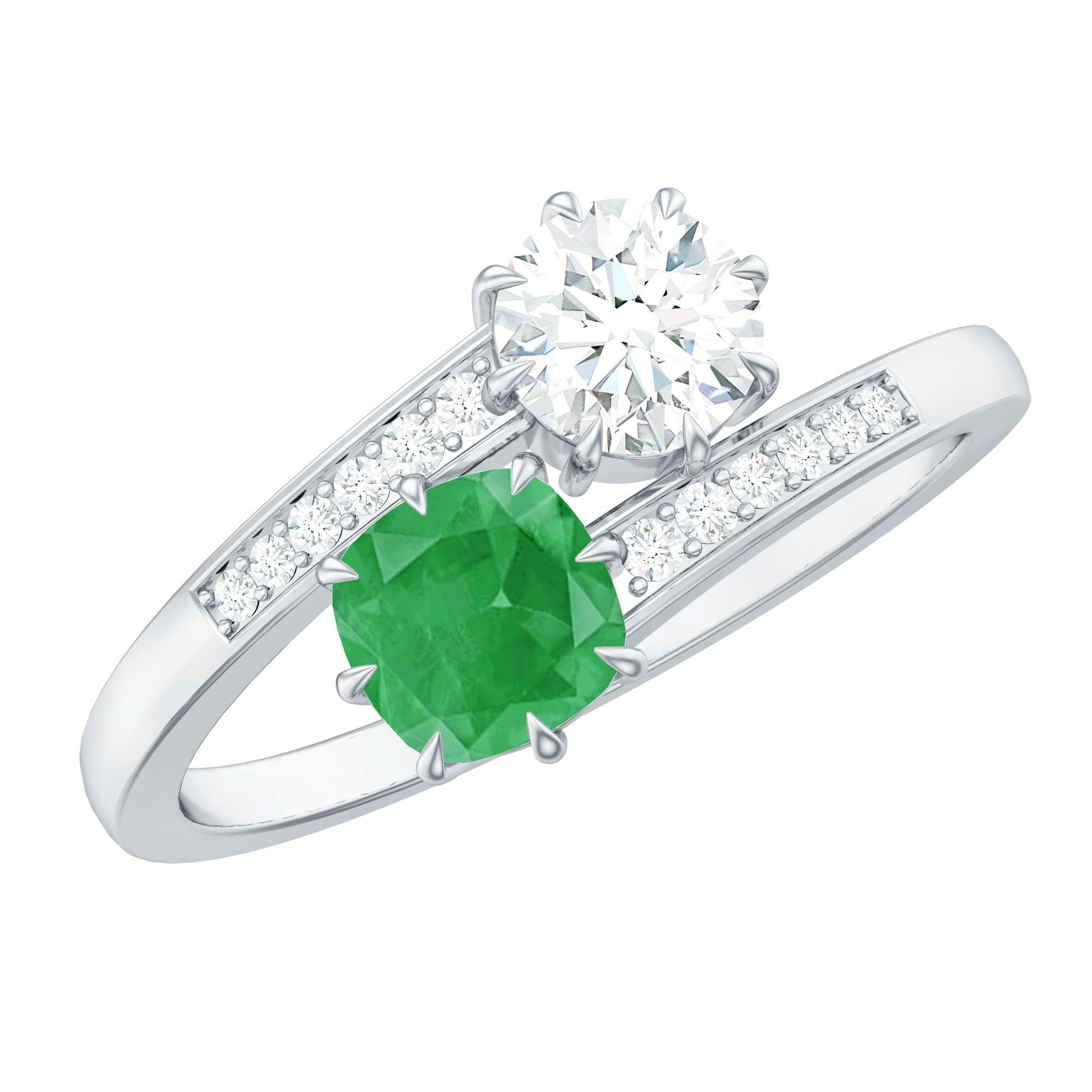 Rosec Jewels-Emerald and Moissanite Two Stone Engagement Ring in Bypass Shank