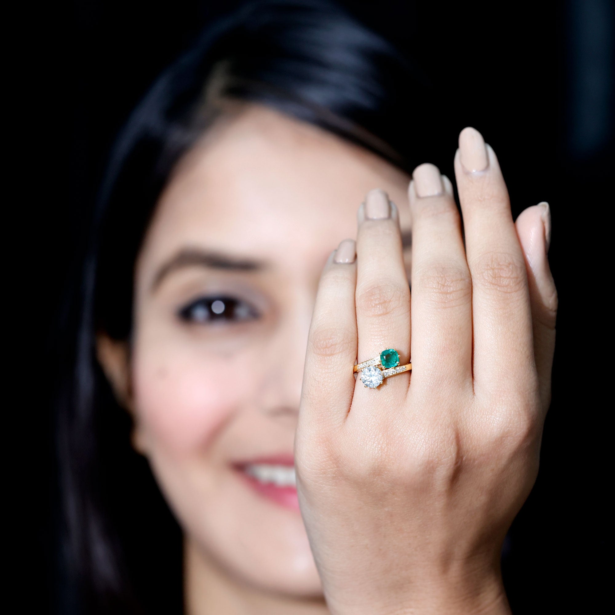 Rosec Jewels-Emerald and Moissanite Two Stone Engagement Ring in Bypass Shank