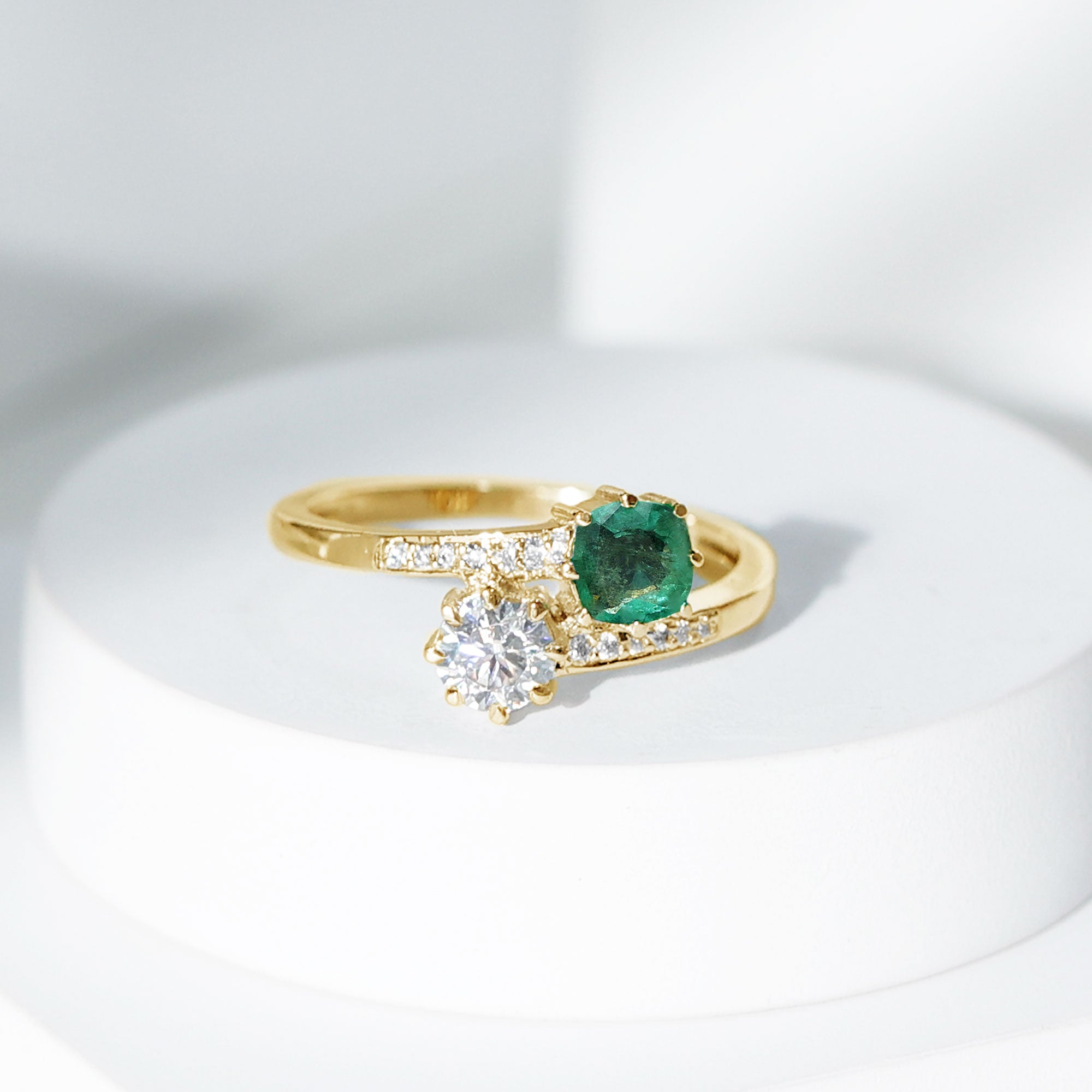 Rosec Jewels-Emerald and Moissanite Two Stone Engagement Ring in Bypass Shank