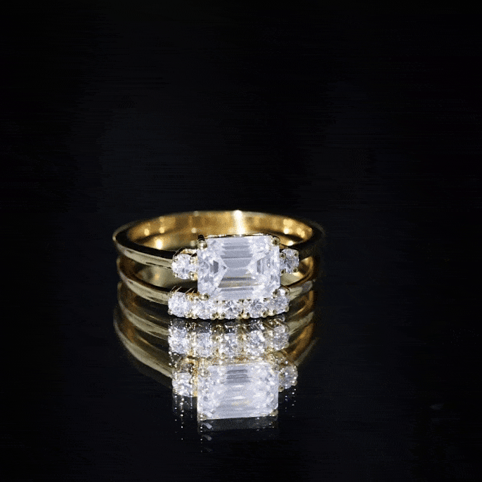East West Emerald Cut Moissanite Engagement Ring & Wedding Band Set D-VS1 - Rosec Jewels