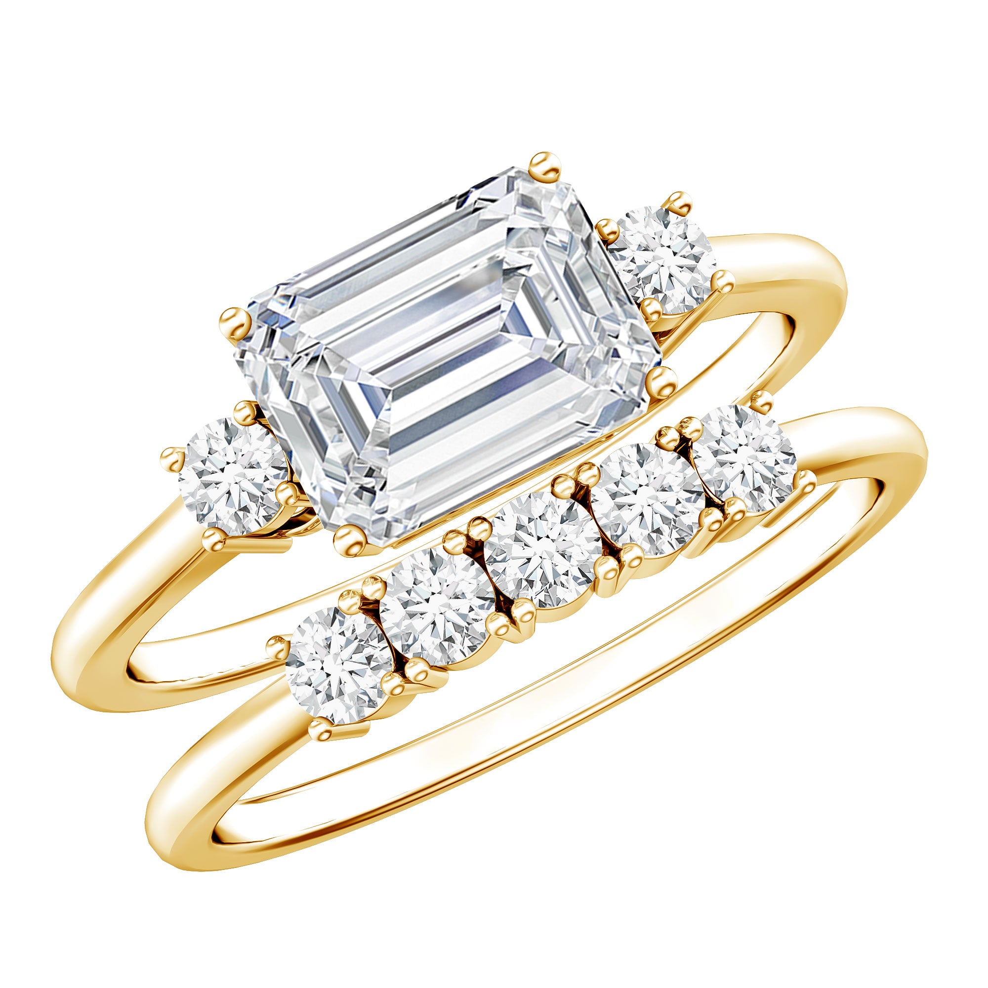 East West Emerald Cut Moissanite Engagement Ring & Wedding Band Set D-VS1 - Rosec Jewels