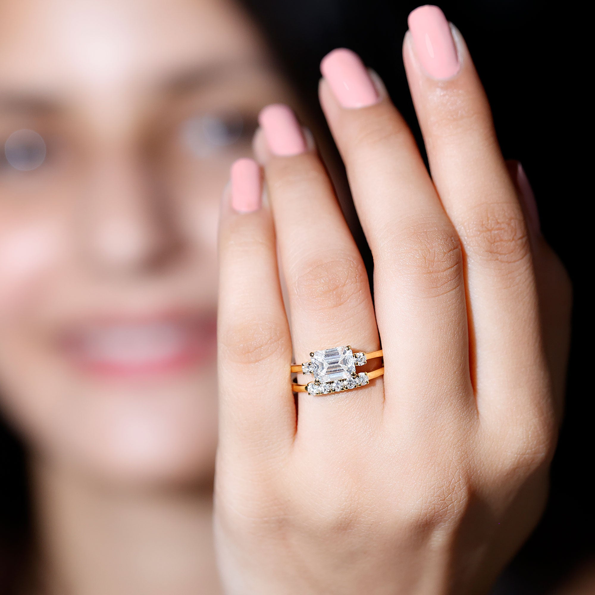 East West Emerald Cut Moissanite Engagement Ring & Wedding Band Set D-VS1 - Rosec Jewels