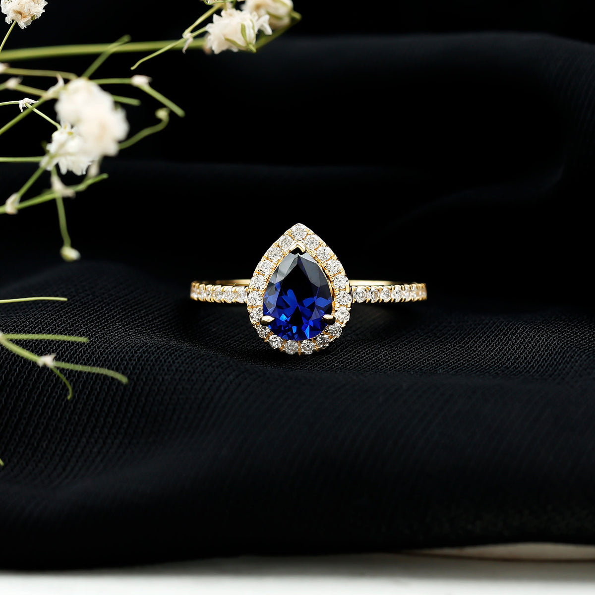 Certified 1.6 Carat Lab Grown Blue Sapphire Teardrop Engagement Ring with Diamond Halo AAAA - Rosec Jewels