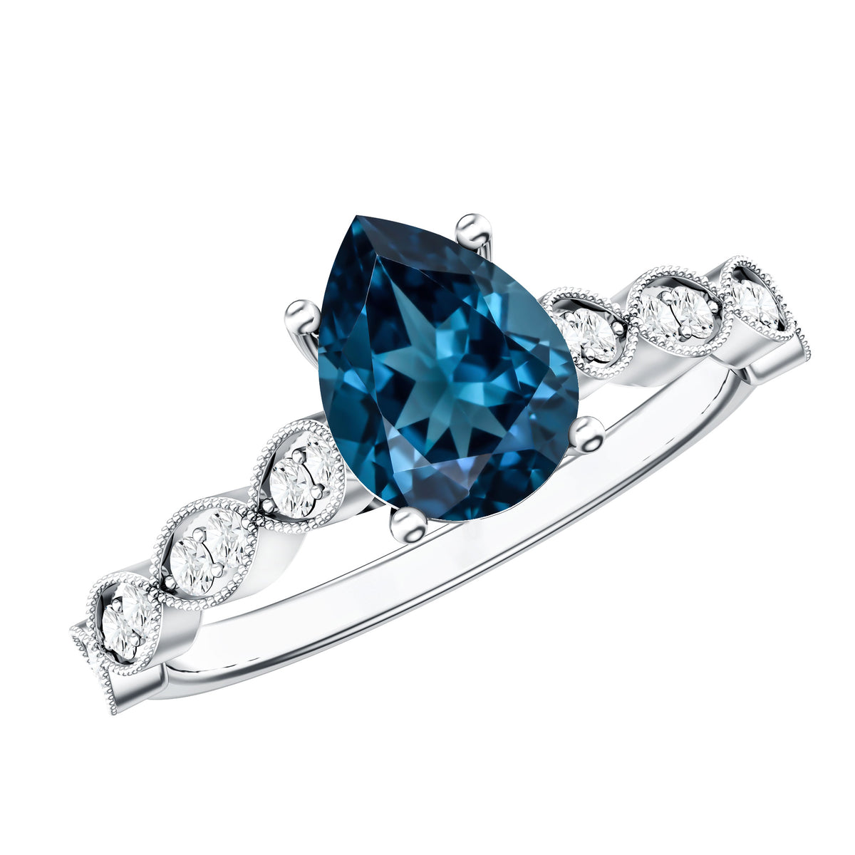 Pear Shaped London Blue Topaz and Diamond Engagement Ring For Women AAA - Rosec Jewels