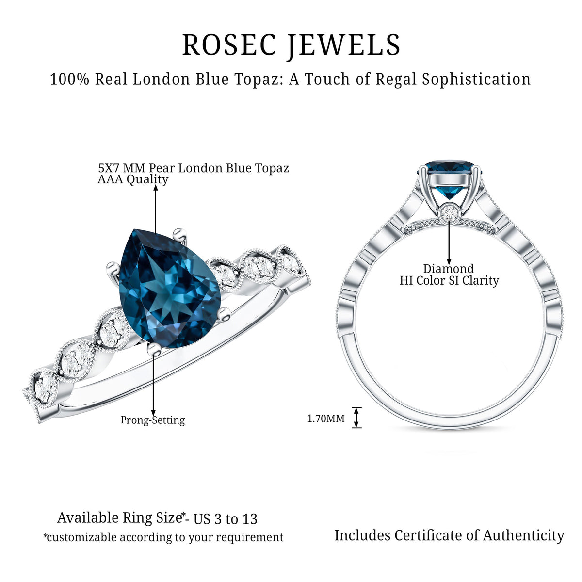 Pear Shaped London Blue Topaz and Diamond Engagement Ring For Women AAA - Rosec Jewels