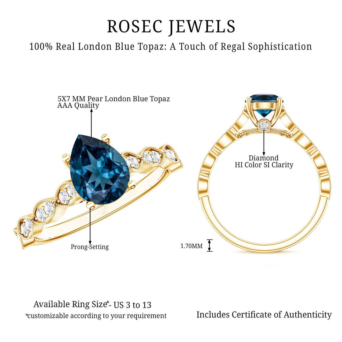 Pear Shaped London Blue Topaz and Diamond Engagement Ring For Women AAA - Rosec Jewels