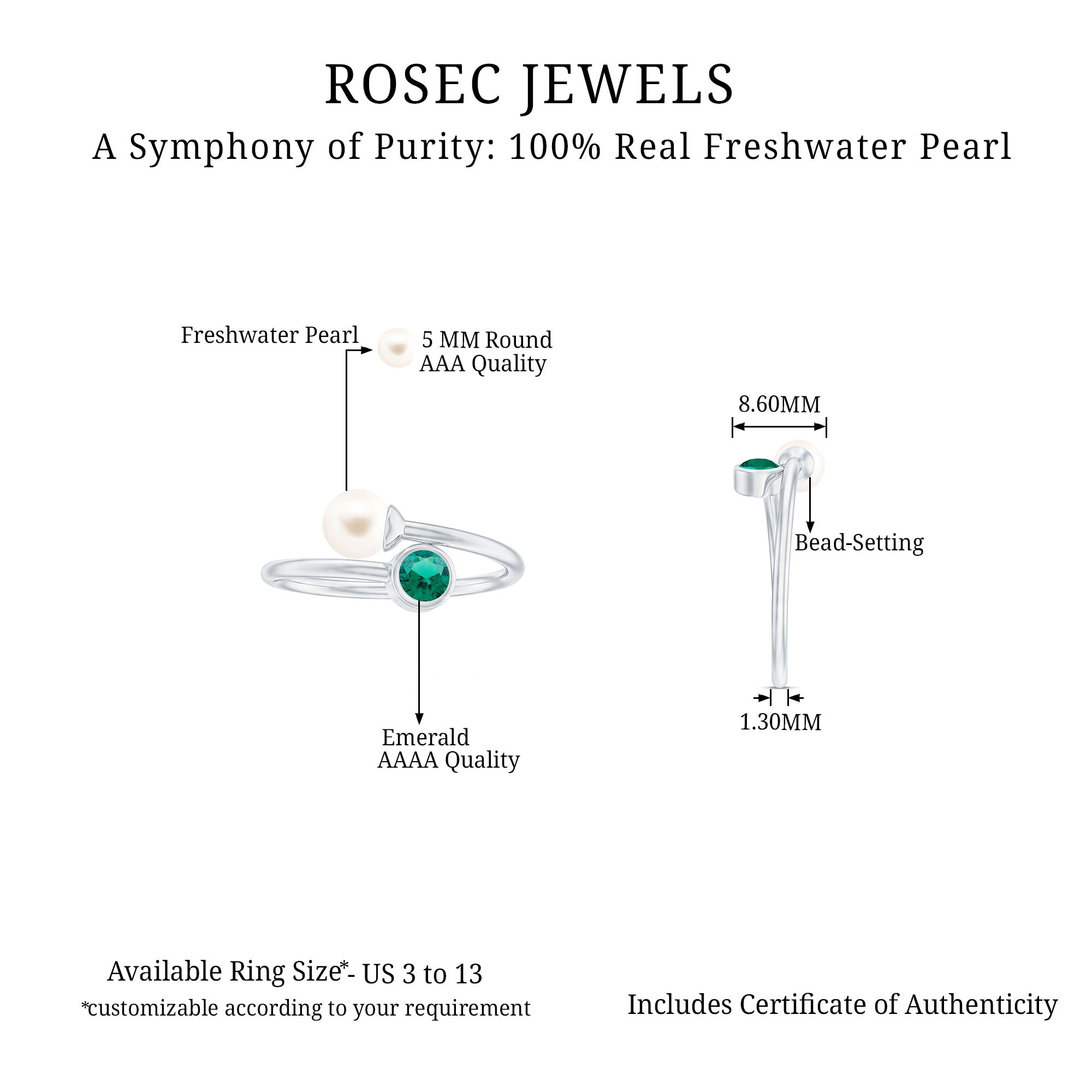 Freshwater Pearl and Created Emerald Wrap Ring in Silver - Rosec Jewels