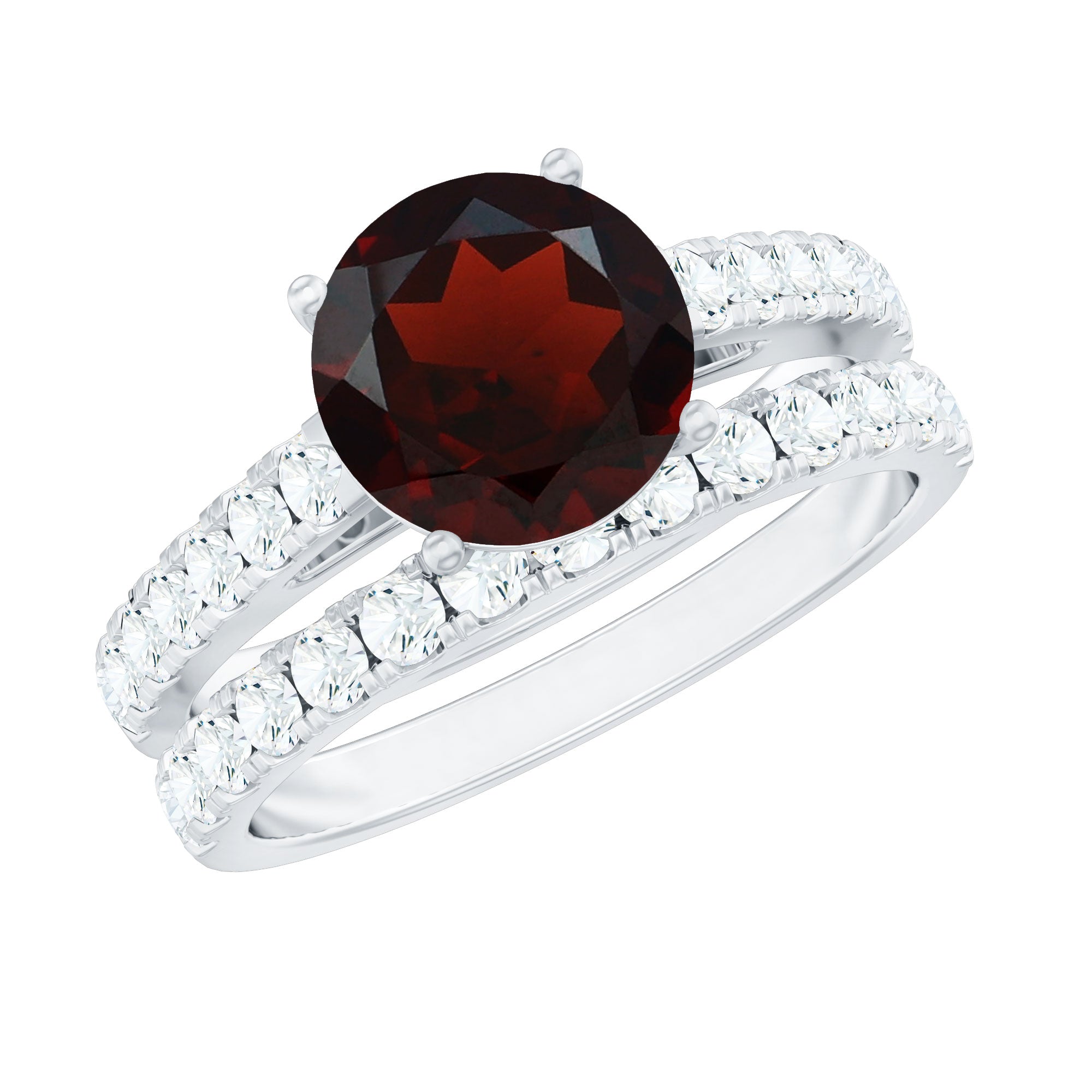 Natural Garnet Diamond Wedding Bridal Ring Set of 2 AAA - Rosec Jewels