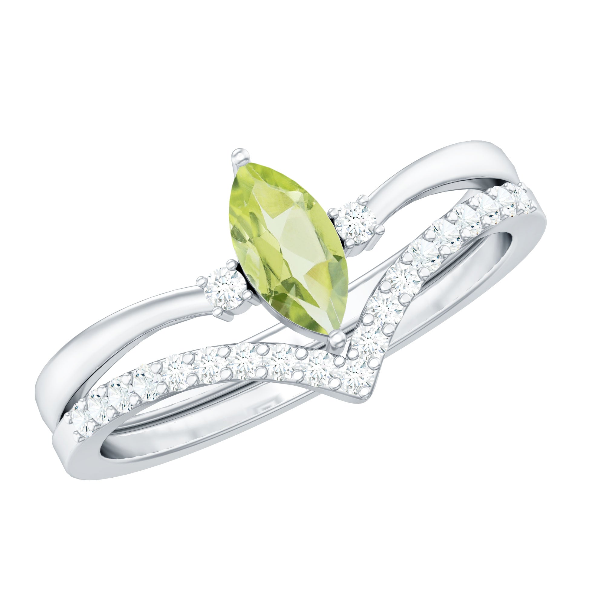 Rosec Jewels-Marquise Cut Peridot Solitaire Wedding Ring Set with Diamond