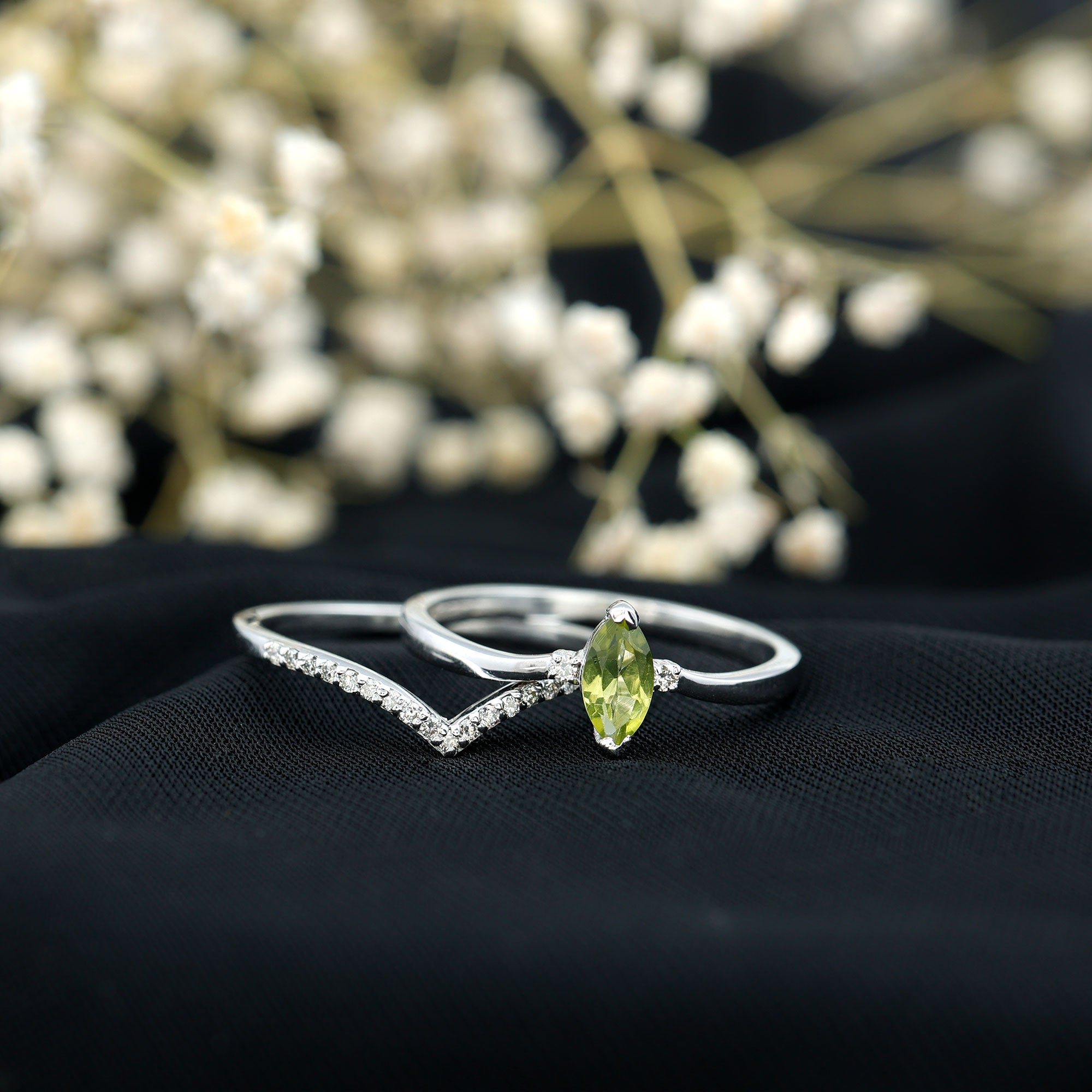 Rosec Jewels-Marquise Cut Peridot Solitaire Wedding Ring Set with Diamond