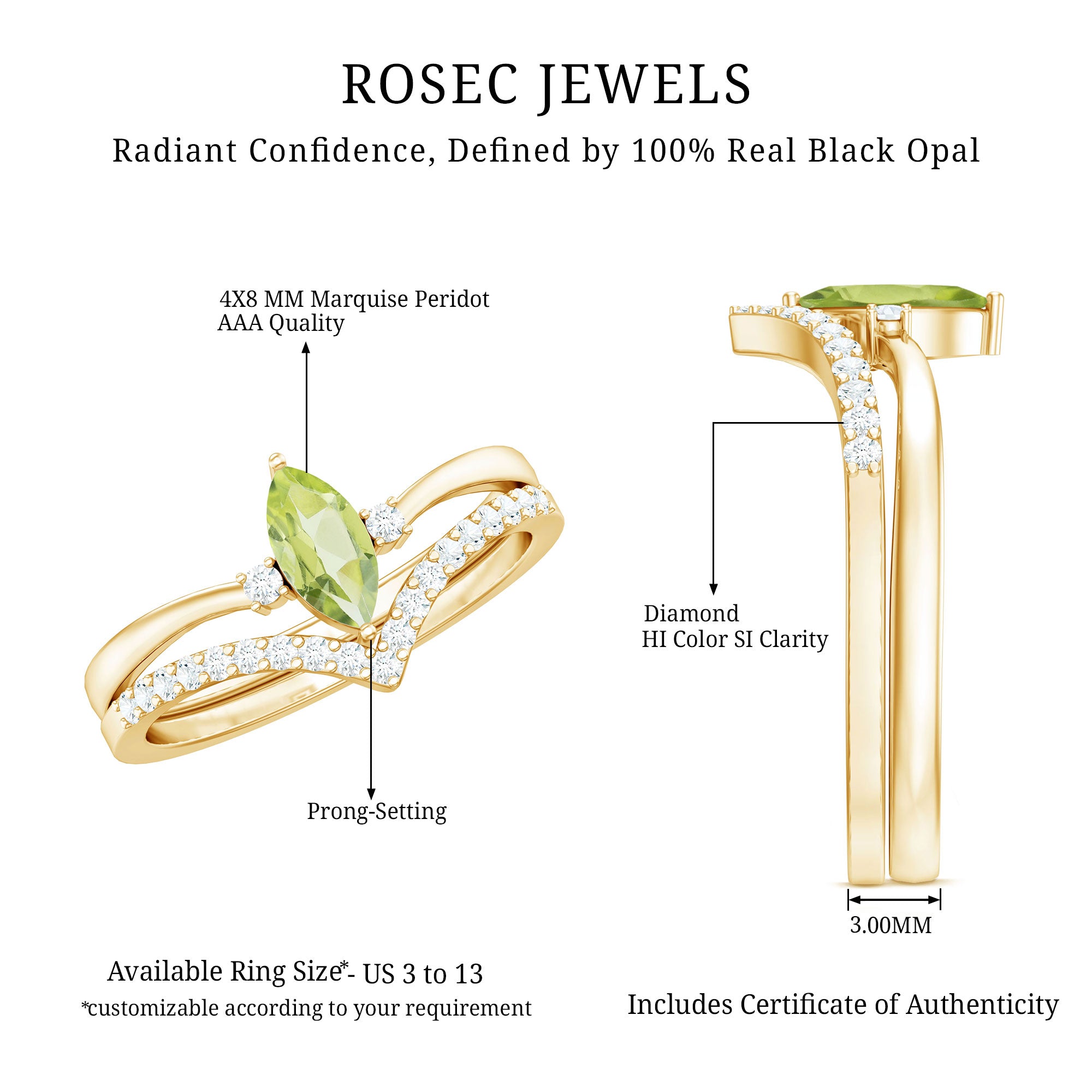 Rosec Jewels-Marquise Cut Peridot Solitaire Wedding Ring Set with Diamond