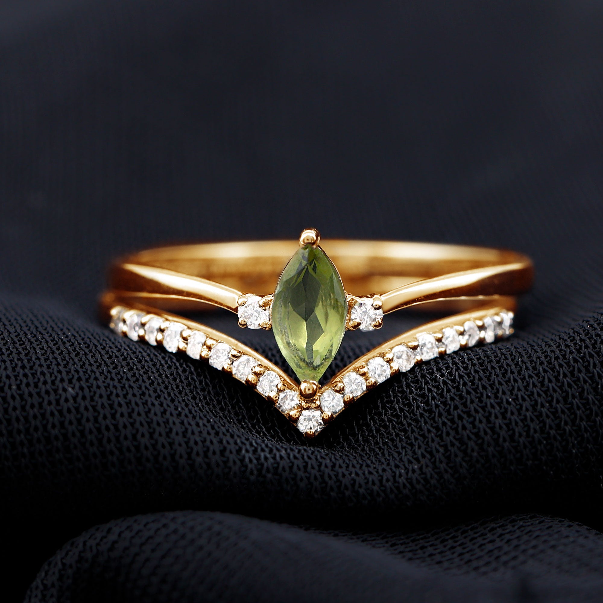 Rosec Jewels-Marquise Cut Peridot Solitaire Wedding Ring Set with Diamond