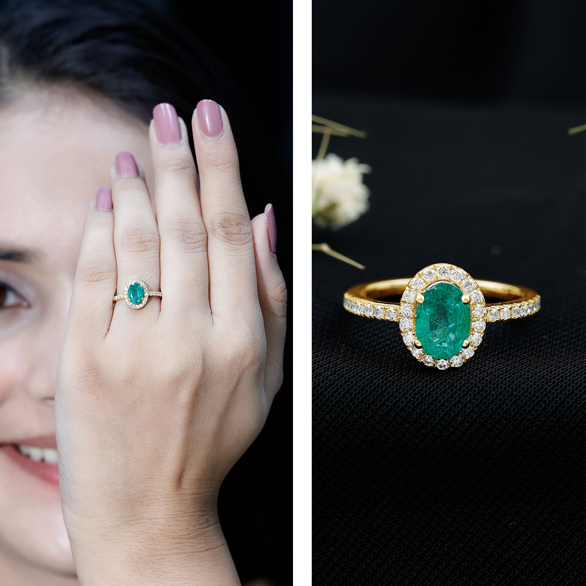 Real 0.7 Carat Oval Emerald Engagement Ring with Diamond Halo AAA - Rosec Jewels
