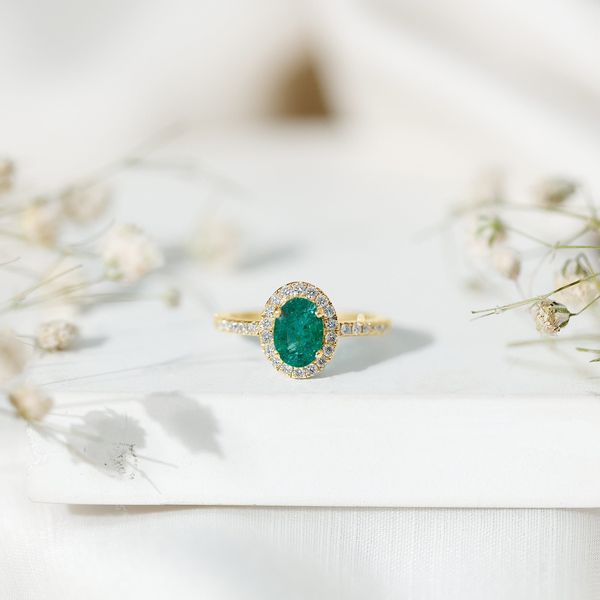 Real 0.7 Carat Oval Emerald Engagement Ring with Diamond Halo AAA - Rosec Jewels