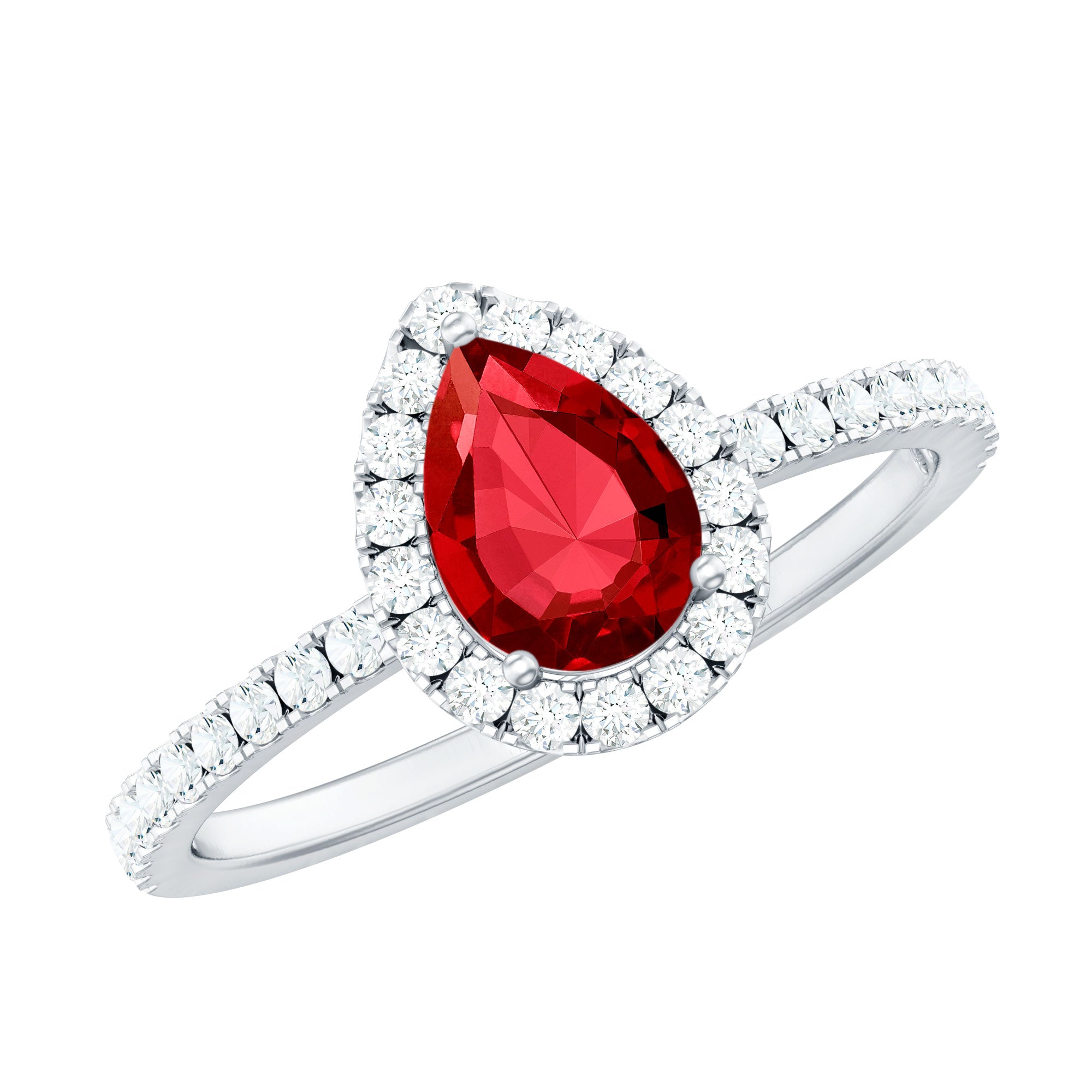 Lab Created Ruby Teardrop Halo Engagement Ring with Diamond