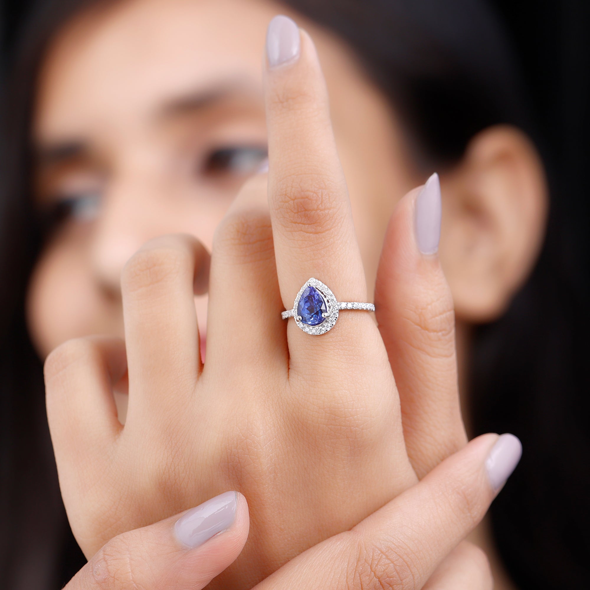 Rosec Jewels-Real Pear Shape Tanzanite Teardrop Engagement Ring with Diamond Halo