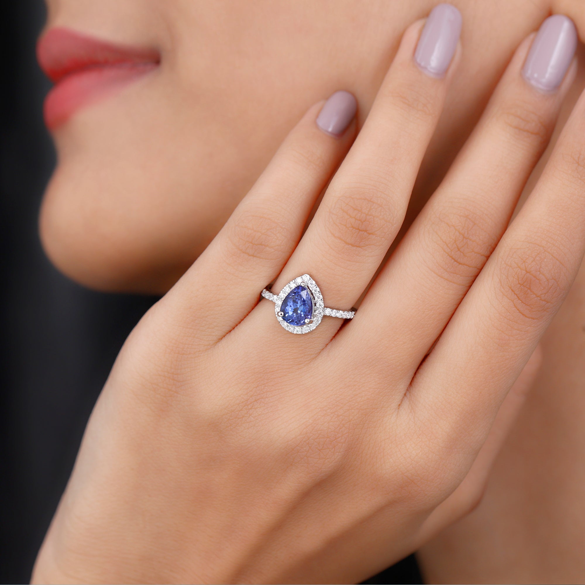 Rosec Jewels-Real Pear Shape Tanzanite Teardrop Engagement Ring with Diamond Halo