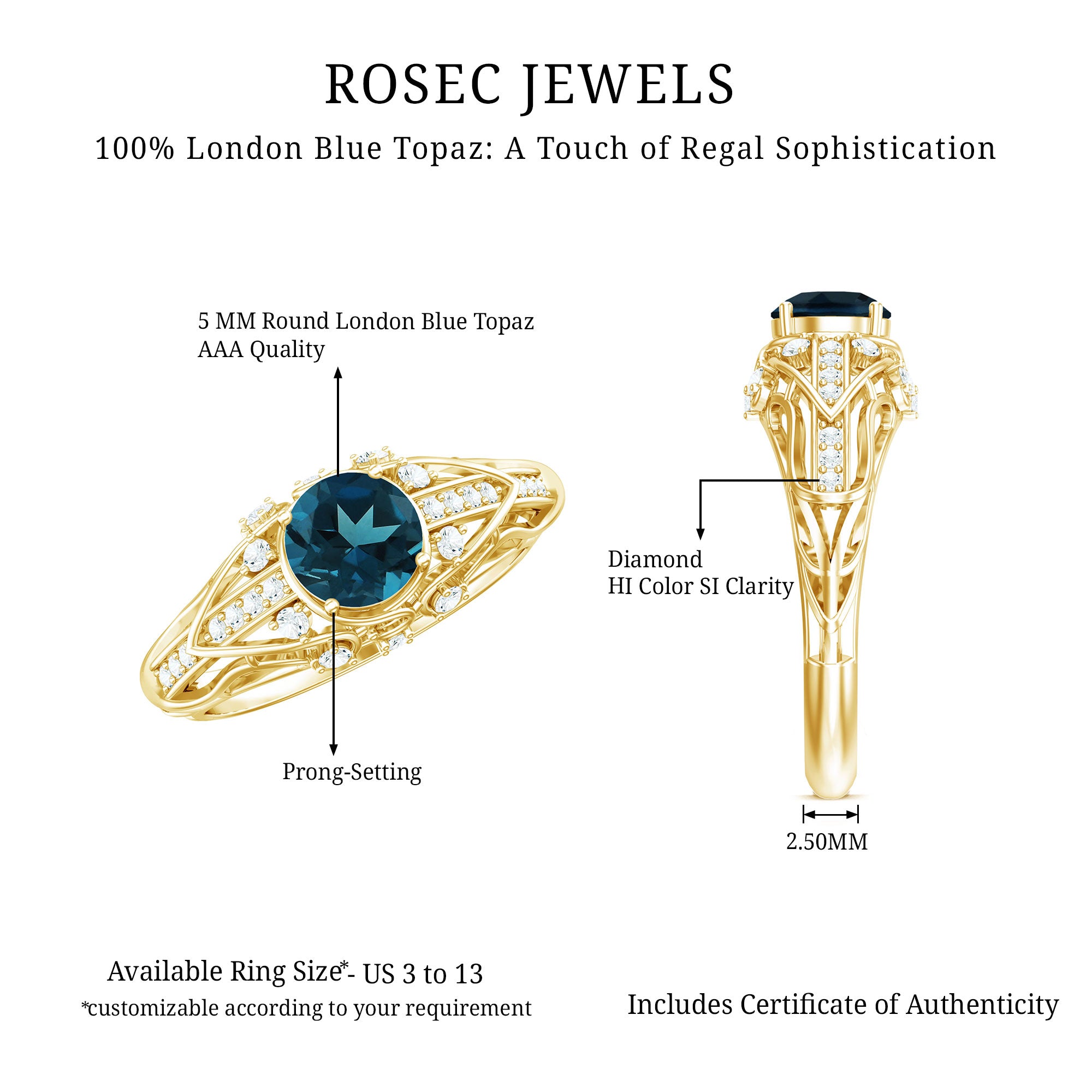 Vintage Looking London Blue Topaz and Diamond Engagement Ring With Certificate AAA - Rosec Jewels