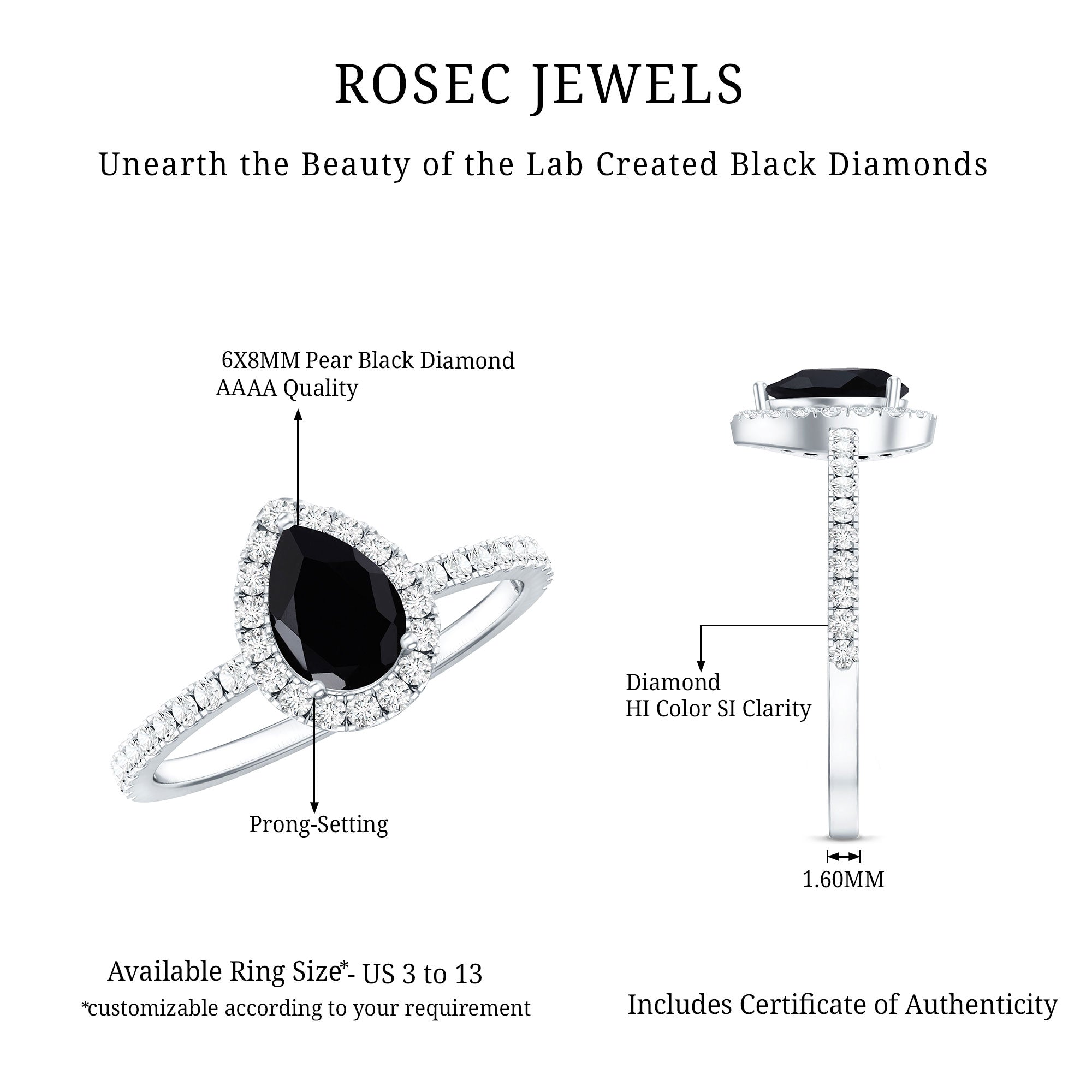 Certified 0.85 Carat Pear Shape Lab Grown Black and White Diamond Halo Engagement Ring AAAA ( Synthetic ) - Rosec Jewels