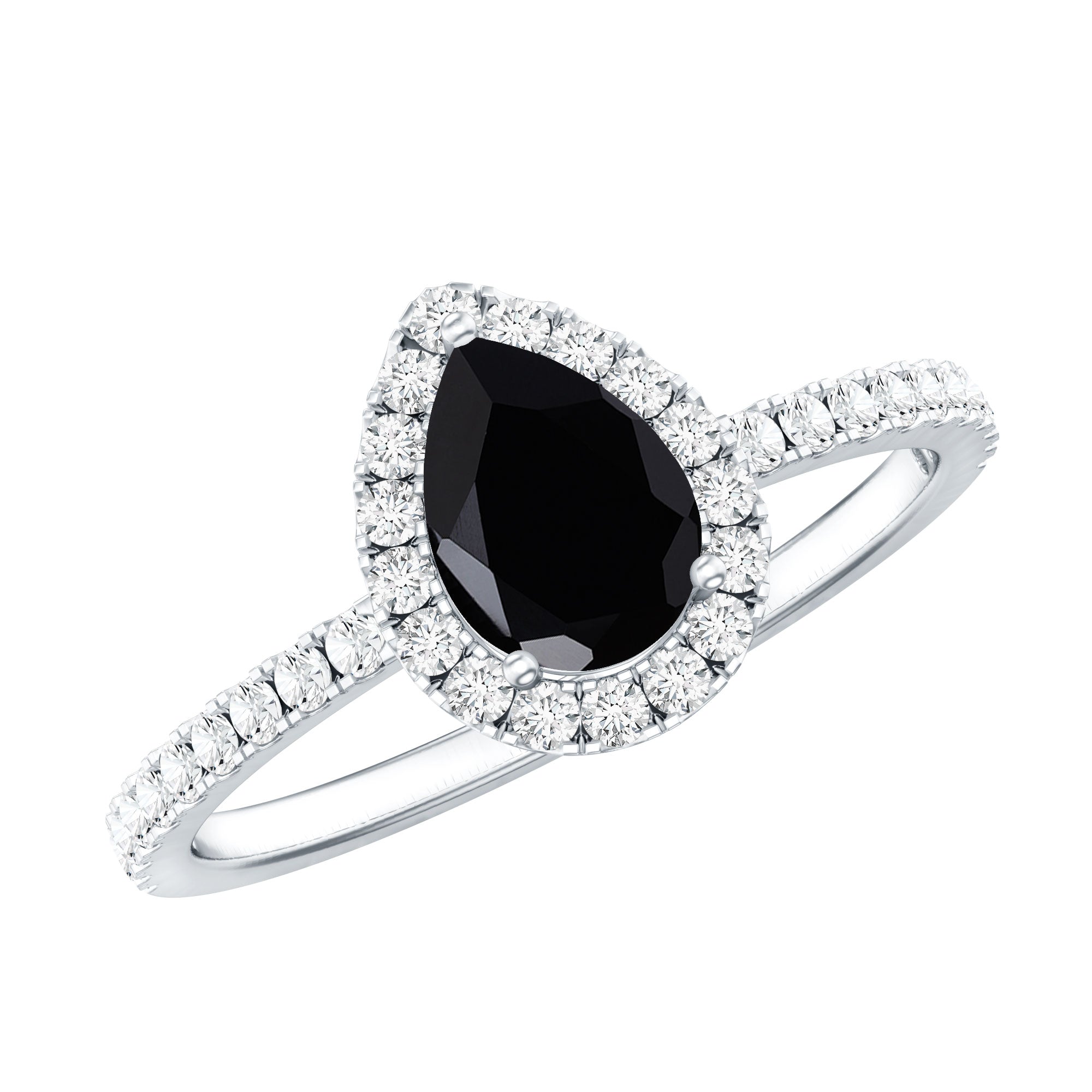 6X8MM Pear Shaped Black Onyx Engagement Ring with Real Diamond Halo
