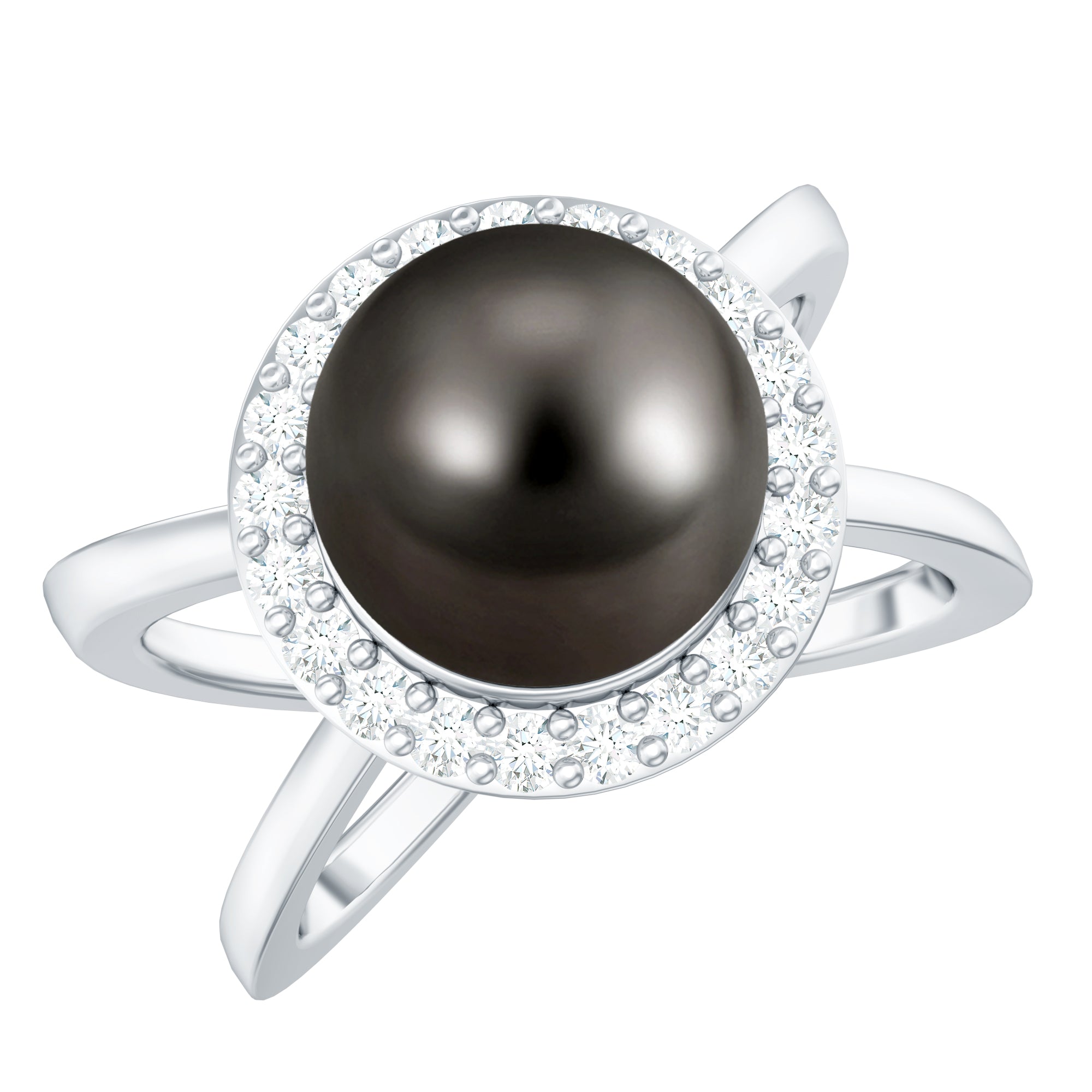 8 Carat Black Pearl Criss Cross Engagement Ring with Diamond Halo