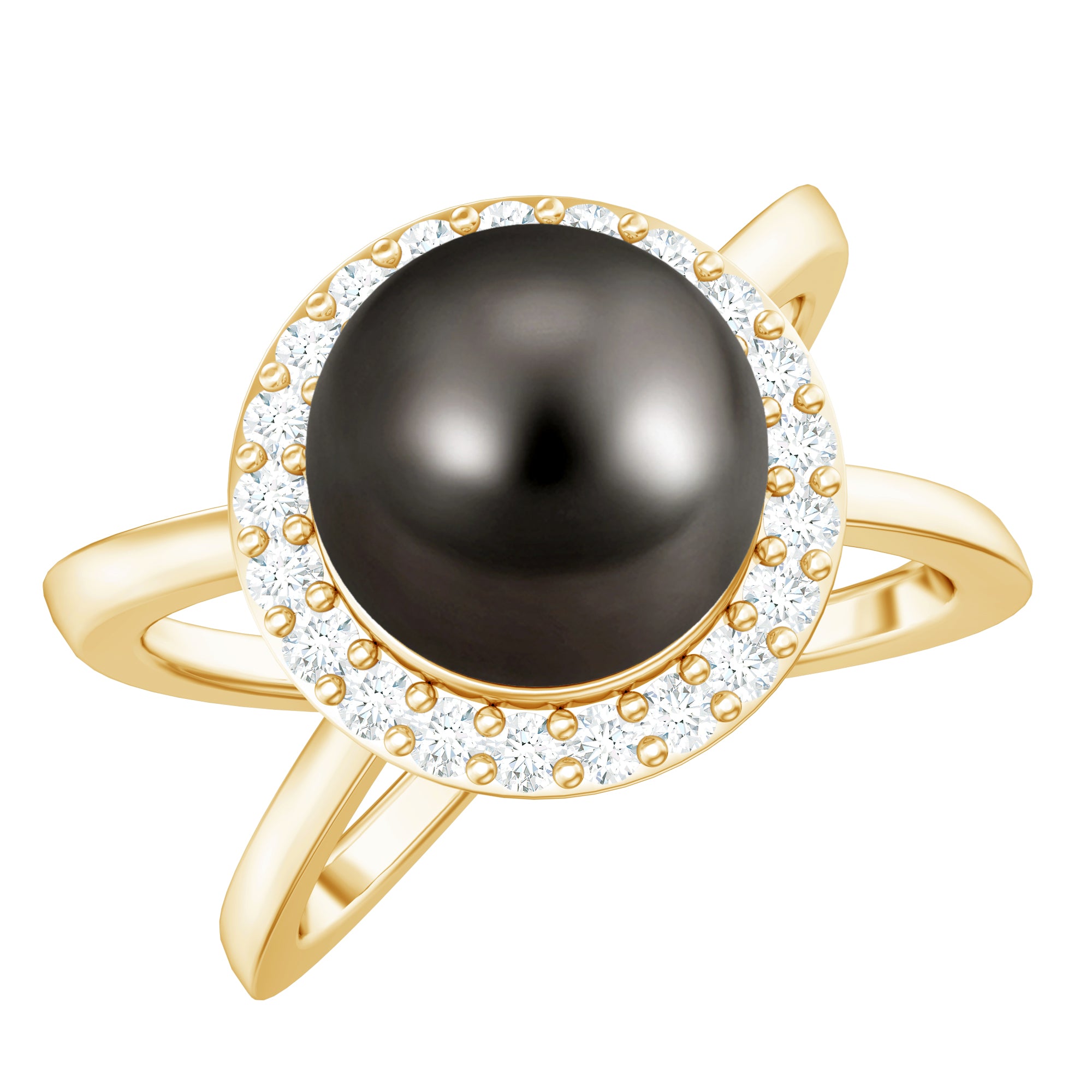 8 Carat Black Pearl Criss Cross Engagement Ring with Diamond Halo AAA - Rosec Jewels