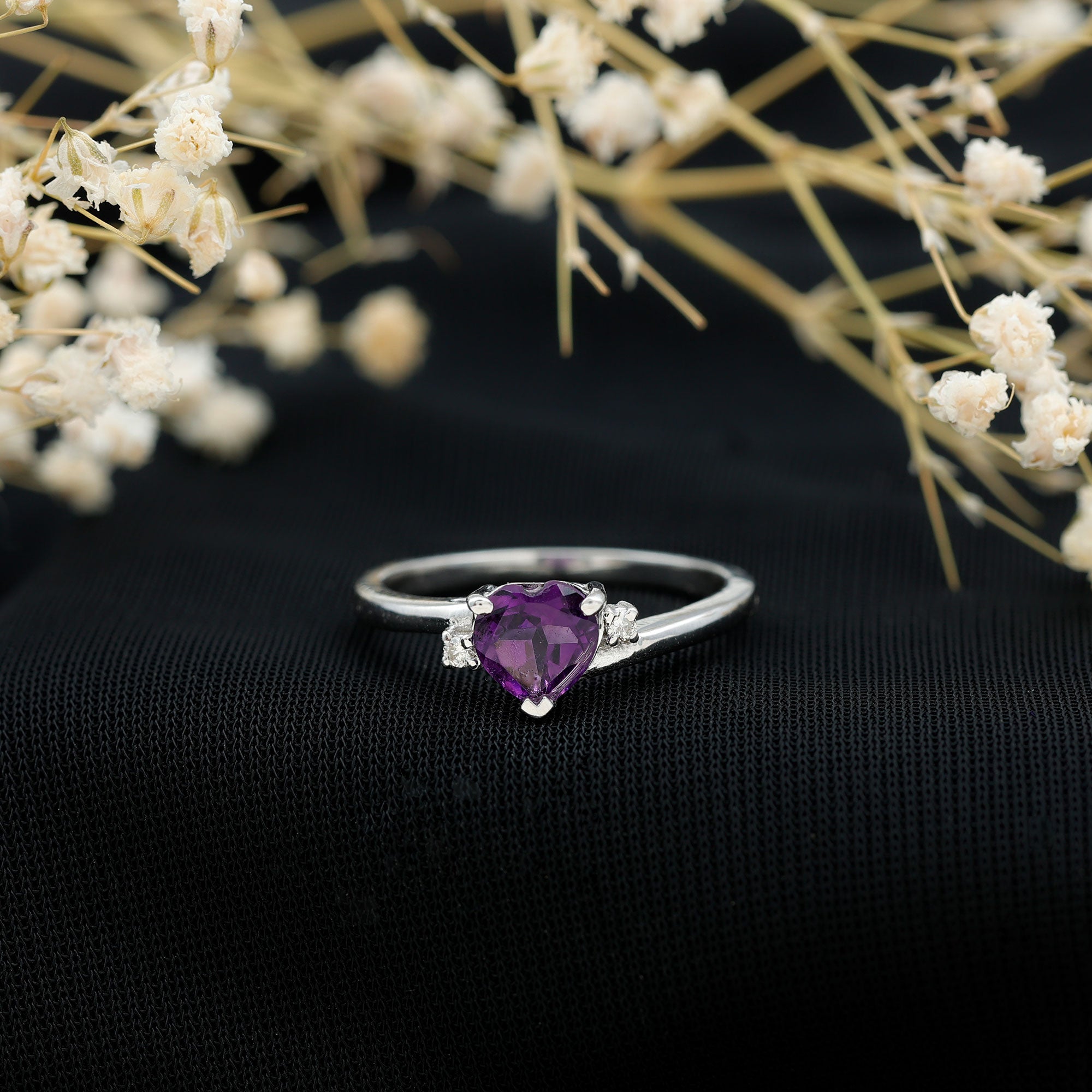 Rosec Jewels-Real 0.9 Carat Amethyst Heart Engagement Ring with Diamond