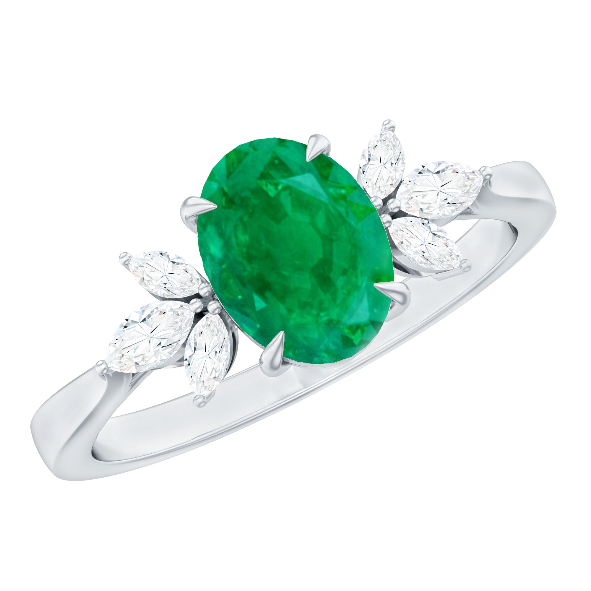 Oval Shaped Emerald Engagement Ring with Marquise Diamond Trio AAA - Rosec Jewels