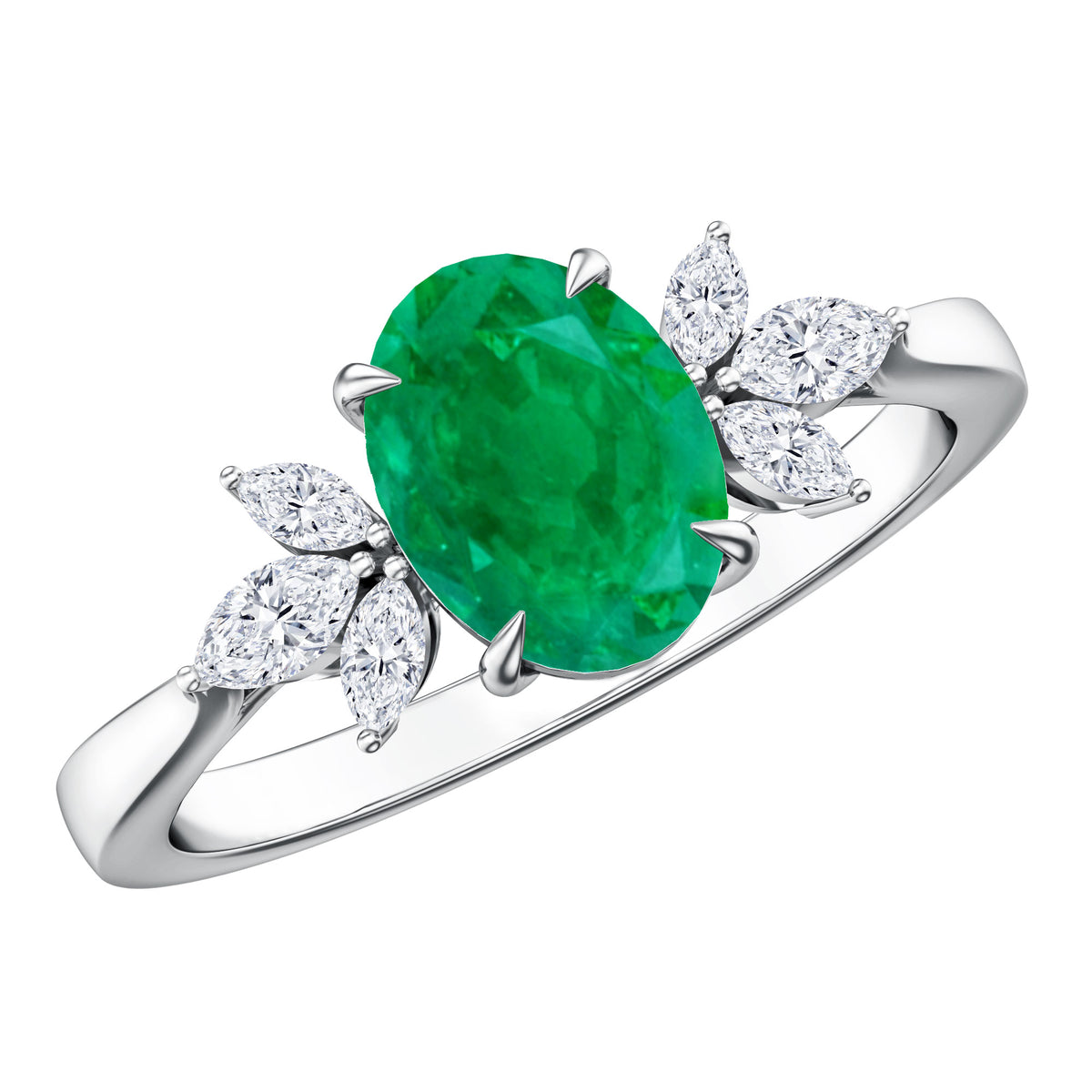 Oval Shaped Emerald Engagement Ring with Marquise Diamond Trio AAA - Rosec Jewels
