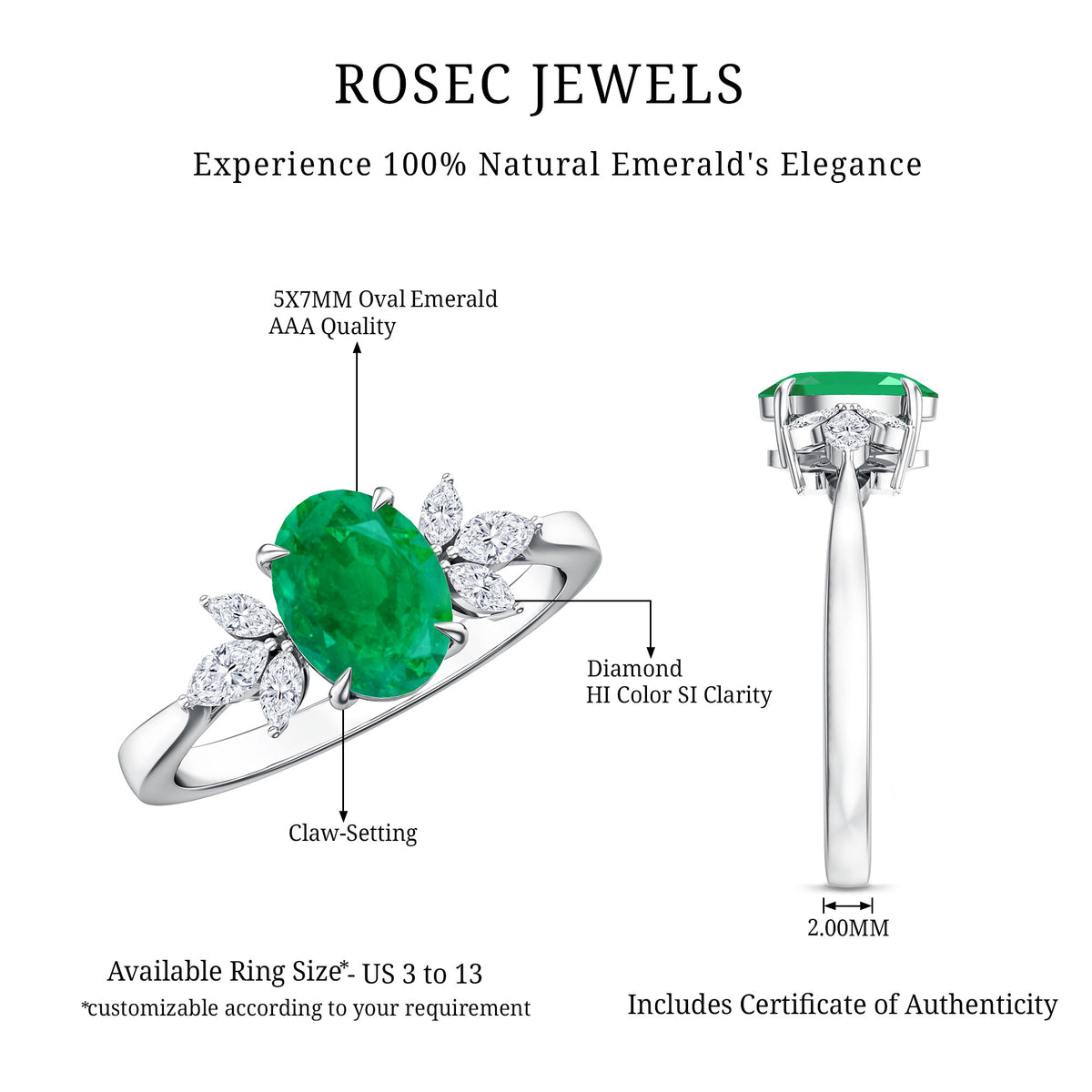 Oval Shaped Emerald Engagement Ring with Marquise Diamond Trio AAA - Rosec Jewels