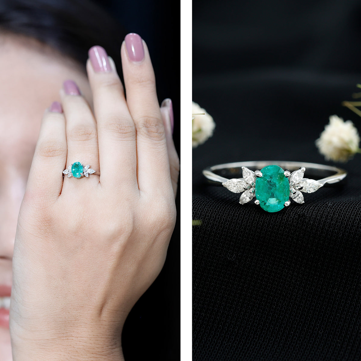 Oval Shaped Emerald Engagement Ring with Marquise Diamond Trio AAA - Rosec Jewels