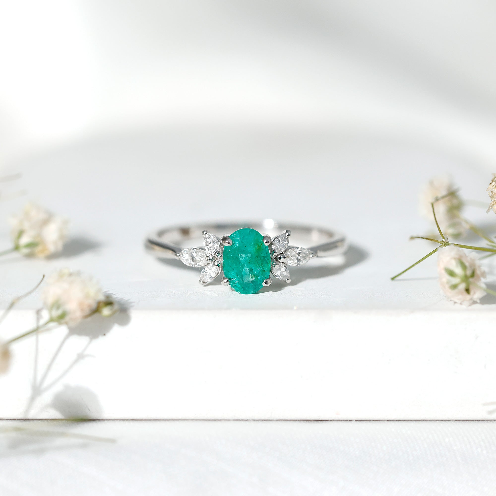 Oval Shaped Emerald Engagement Ring with Marquise Diamond Trio AAA - Rosec Jewels