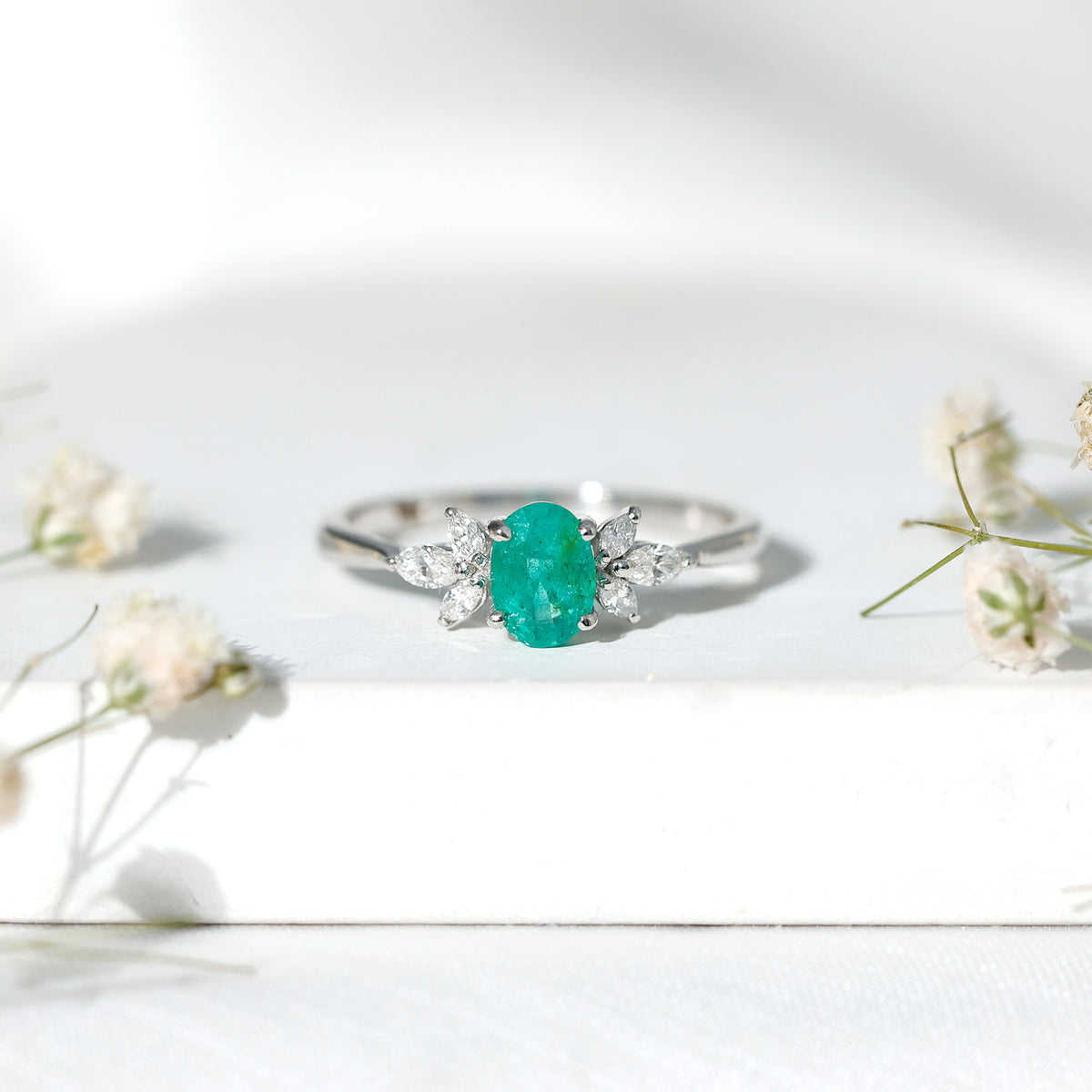 Oval Shaped Emerald Engagement Ring with Marquise Diamond Trio AAA - Rosec Jewels