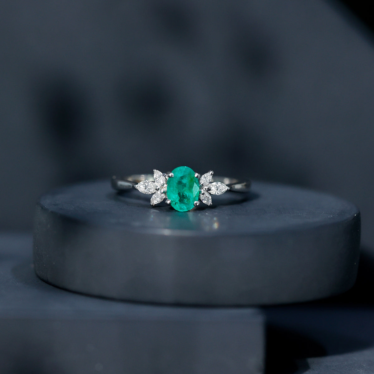 Oval Shaped Emerald Engagement Ring with Marquise Diamond Trio AAA - Rosec Jewels