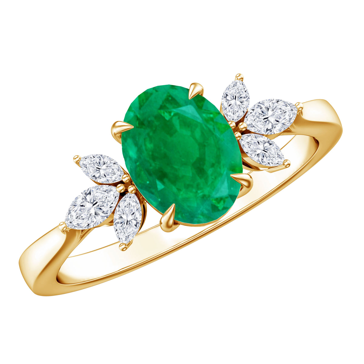 Oval Shaped Emerald Engagement Ring with Marquise Diamond Trio AAA - Rosec Jewels
