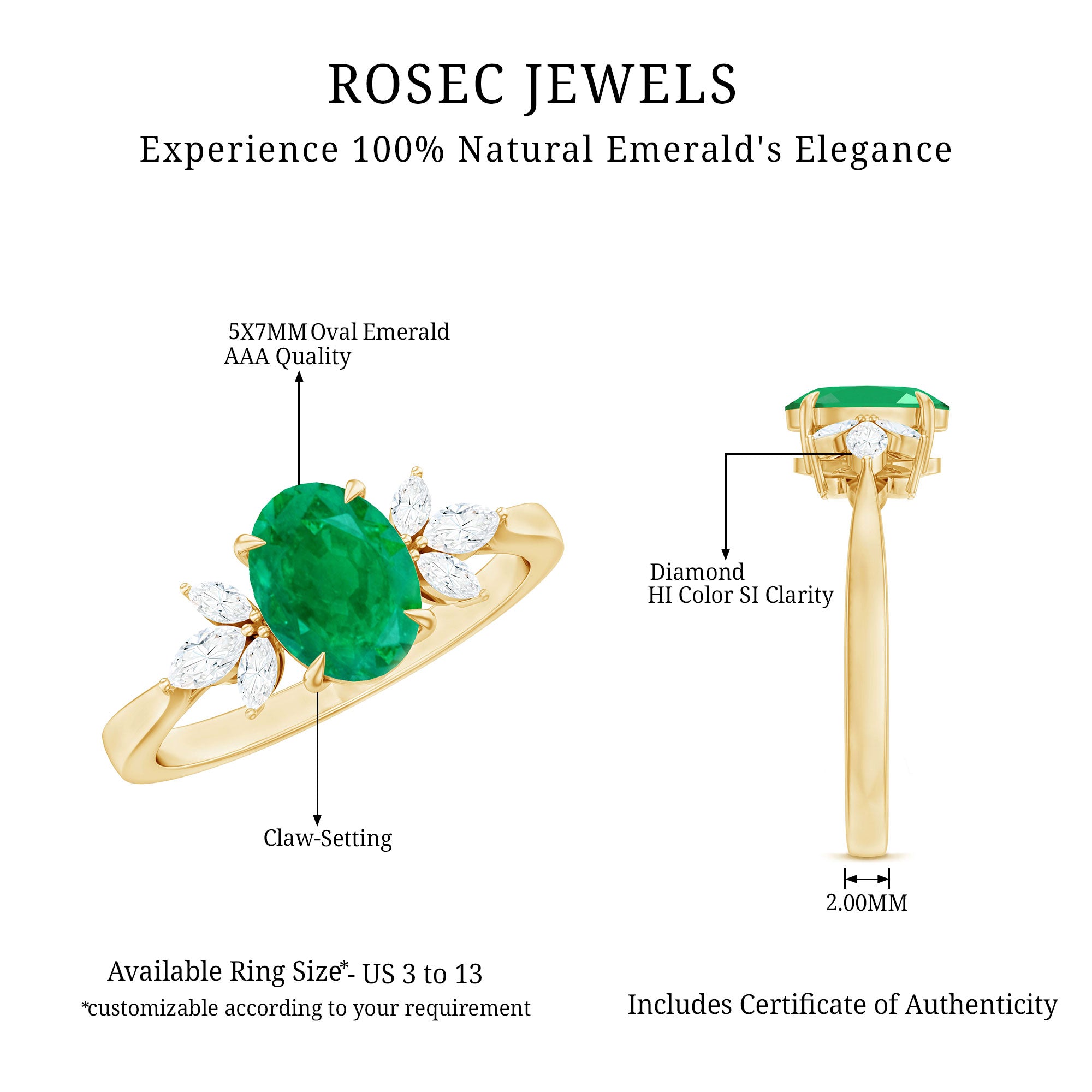 Oval Shaped Emerald Engagement Ring with Marquise Diamond Trio AAA - Rosec Jewels