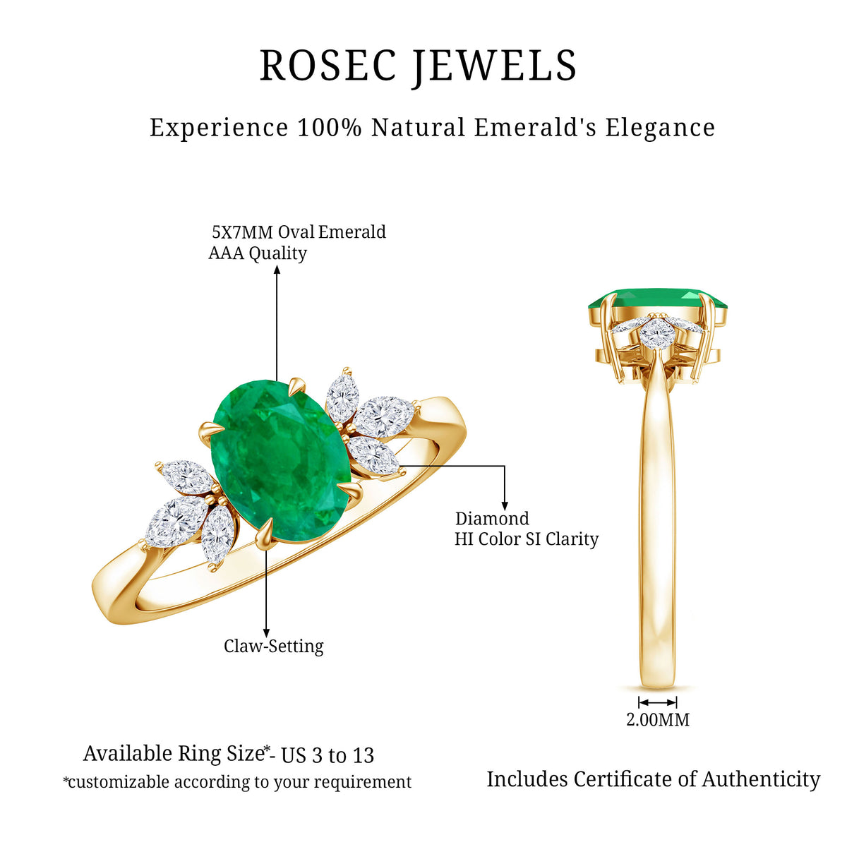 Oval Shaped Emerald Engagement Ring with Marquise Diamond Trio AAA - Rosec Jewels