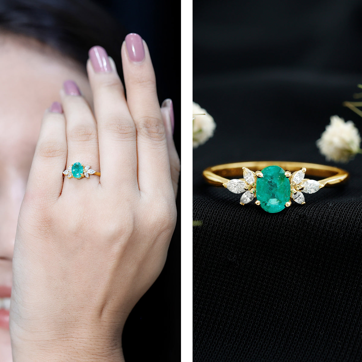 Oval Shaped Emerald Engagement Ring with Marquise Diamond Trio AAA - Rosec Jewels