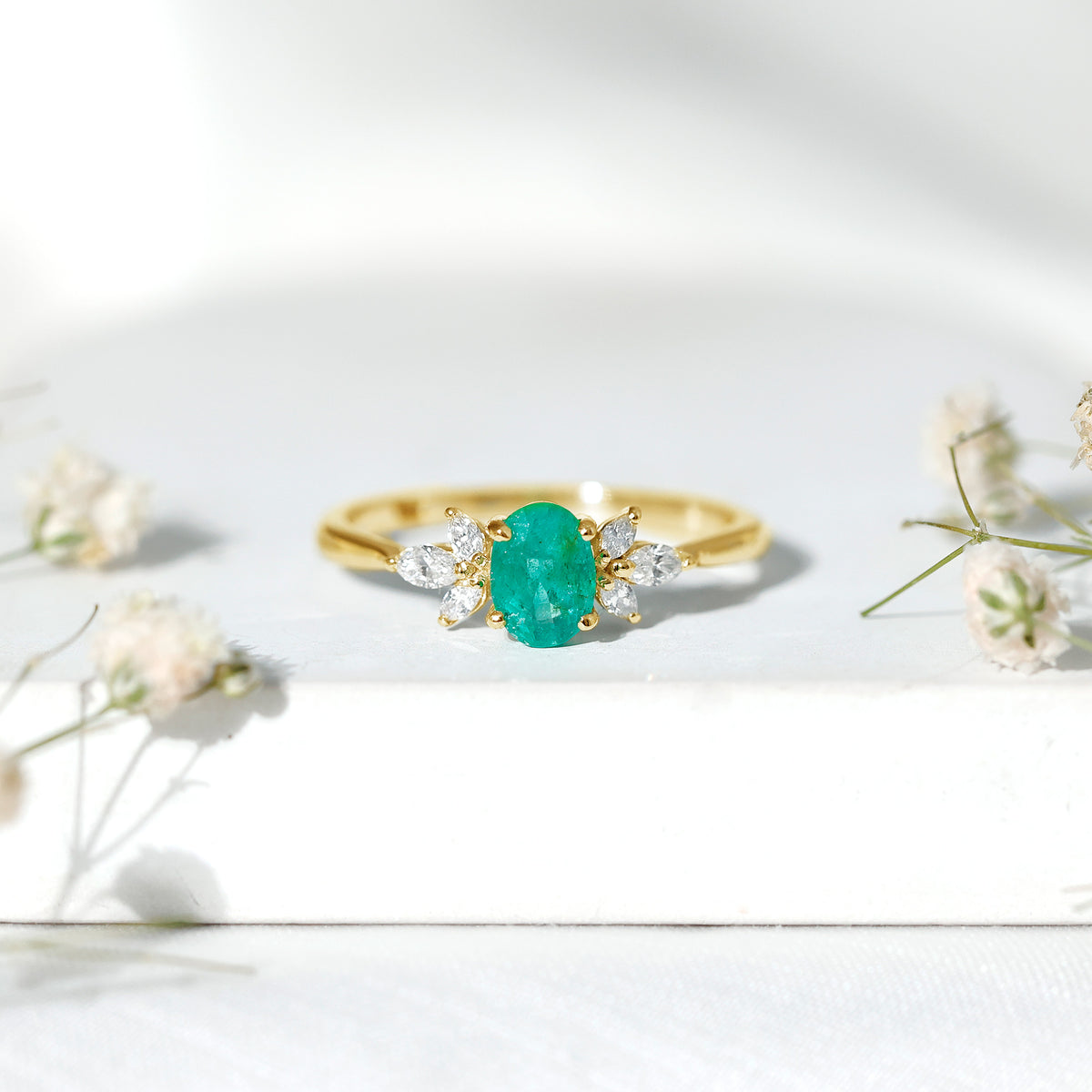 Oval Shaped Emerald Engagement Ring with Marquise Diamond Trio AAA - Rosec Jewels