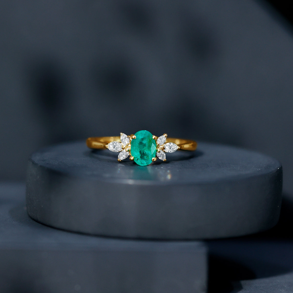 Oval Shaped Emerald Engagement Ring with Marquise Diamond Trio AAA - Rosec Jewels