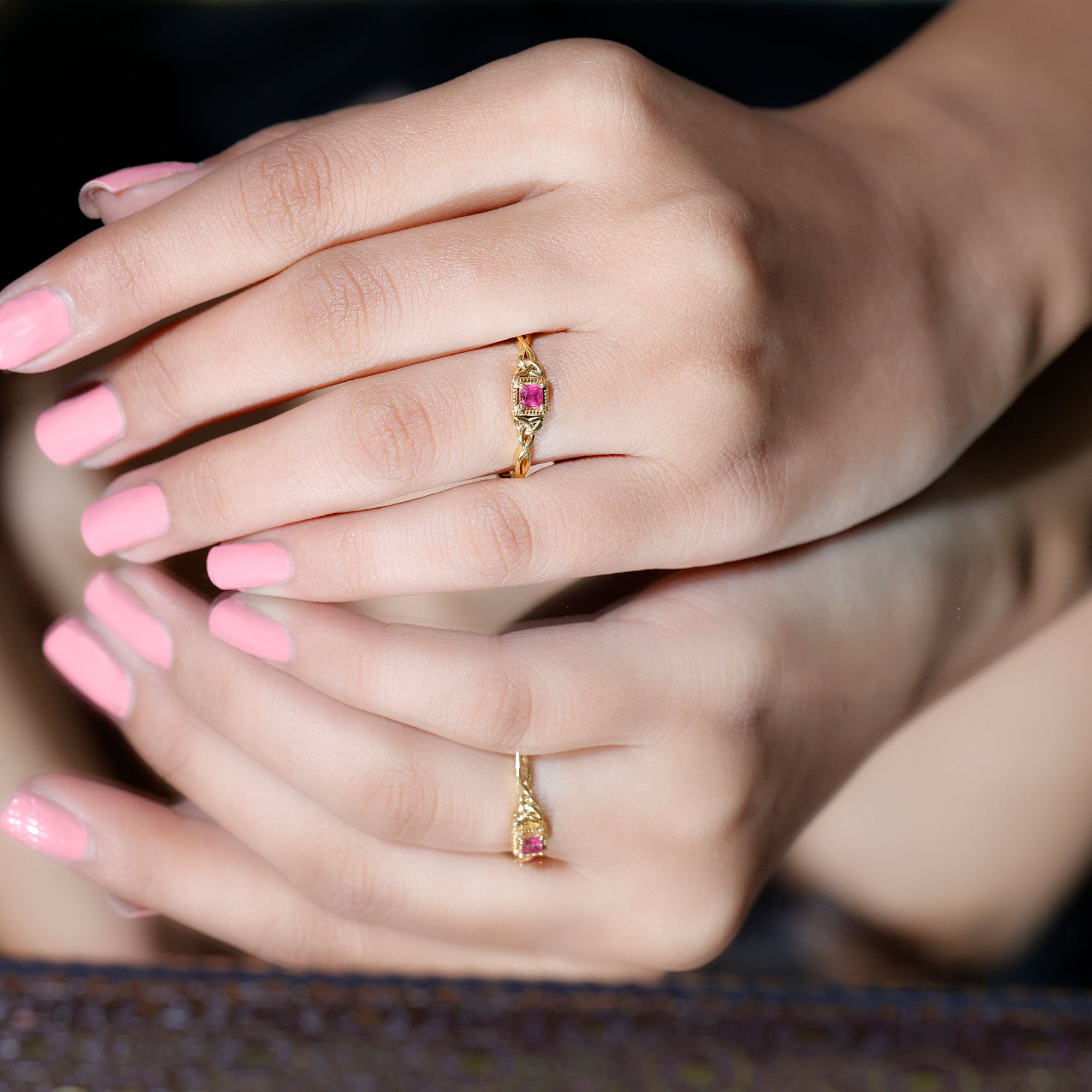 Rosec Jewels-Real Princess Cut Ruby Promise Ring with Celtic Knot