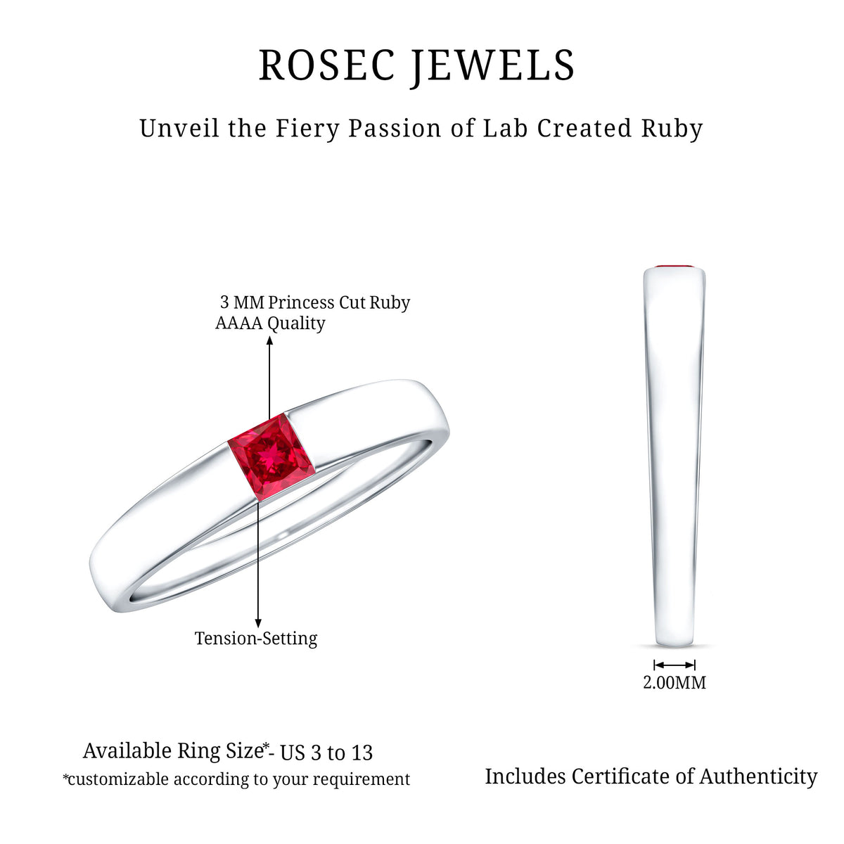 Princess Cut Created Ruby Solitaire Promise Ring AAAA - Rosec Jewels