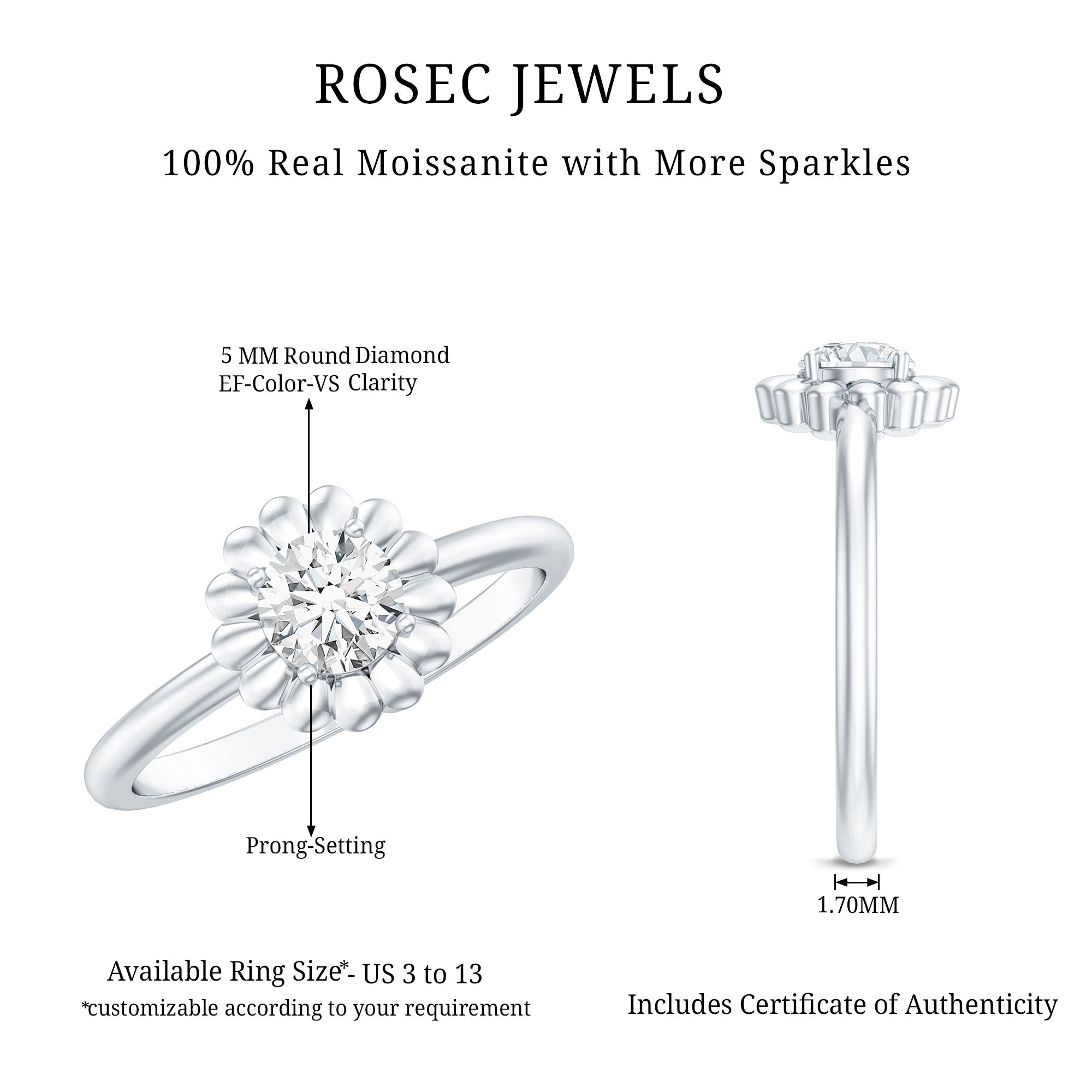 Brilliant Cut Moissanite Flower Promise Ring with Certificate D-VS1 - Rosec Jewels