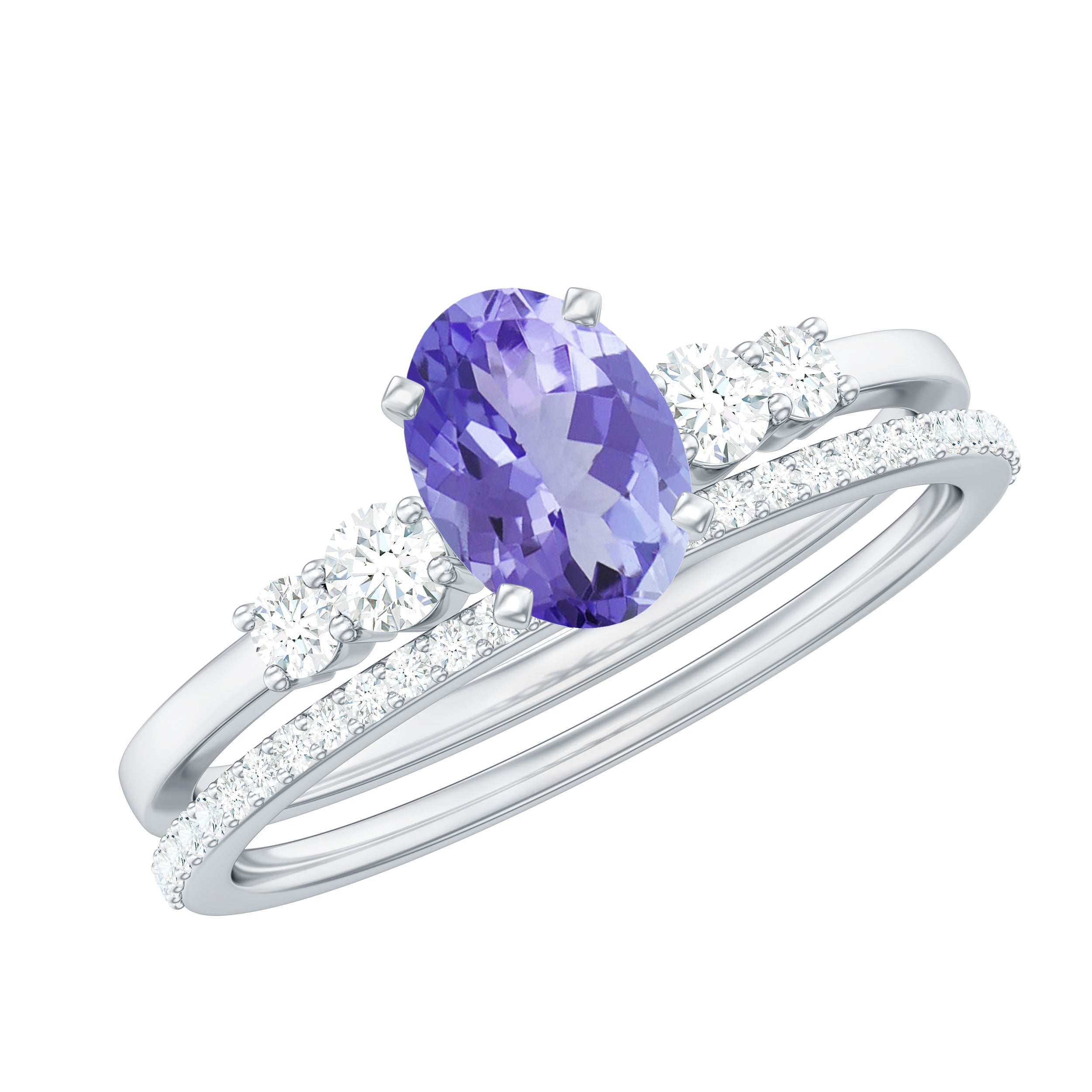 Natural 0.9 Carat Tanzanite and Diamond Oval Engagement Ring with Wedding Band AAA 92.5 Sterling Silver - Rosec Jewels