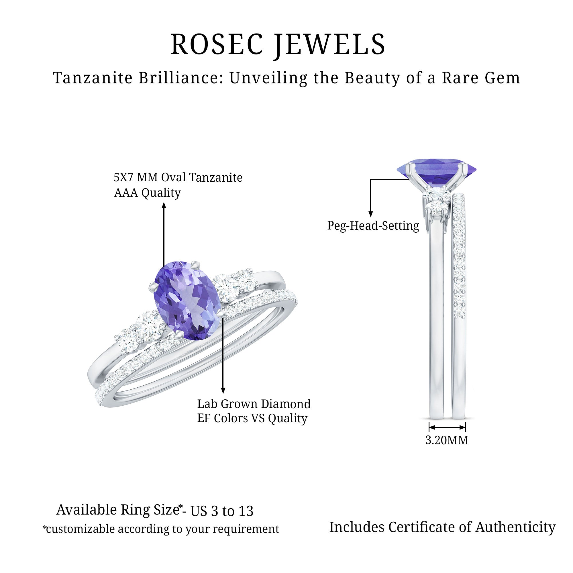 Natural 0.9 Carat Tanzanite and Diamond Oval Engagement Ring with Wedding Band AAA 92.5 Sterling Silver - Rosec Jewels