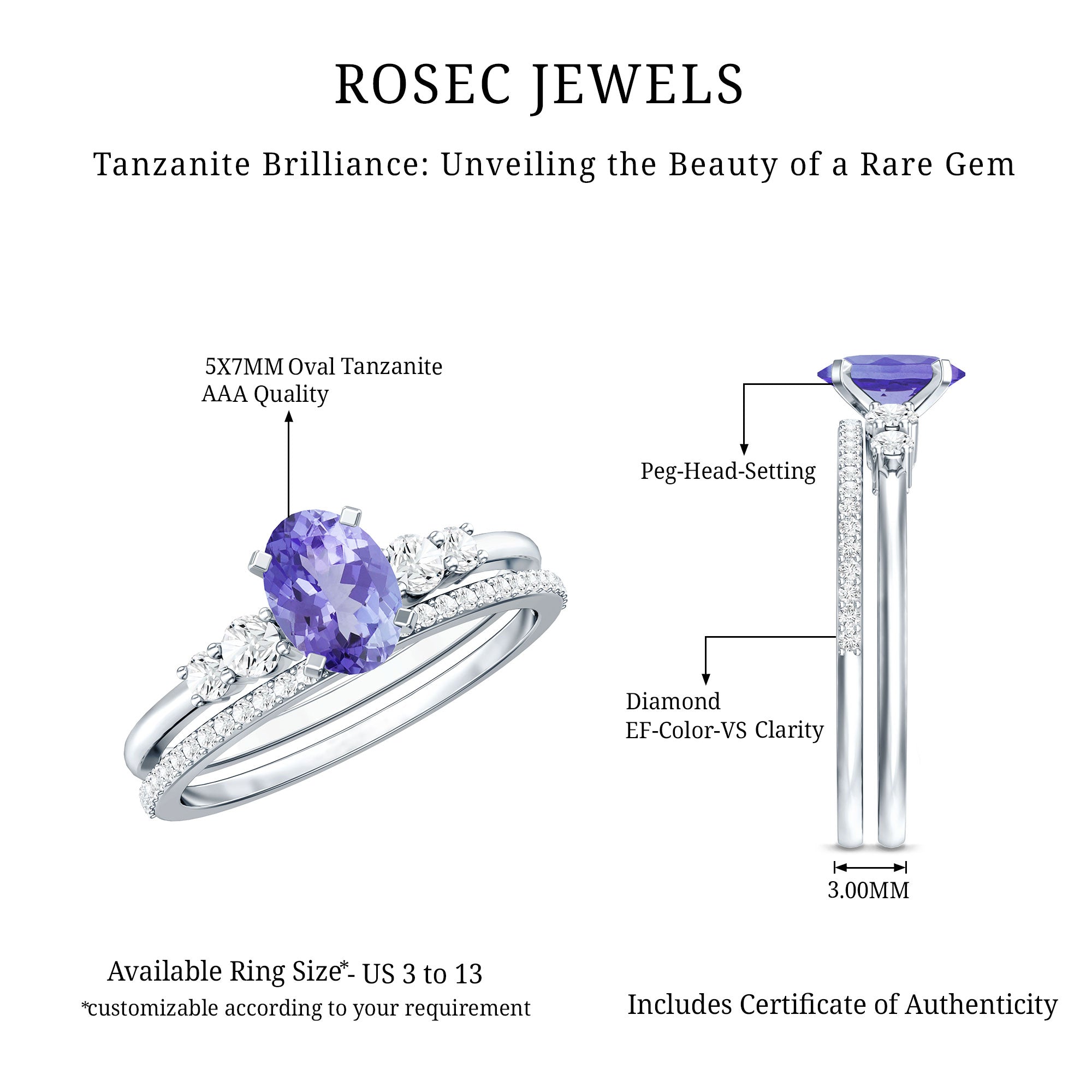 Natural 0.9 Carat Tanzanite and Diamond Oval Engagement Ring with Wedding Band AAA 92.5 Sterling Silver - Rosec Jewels